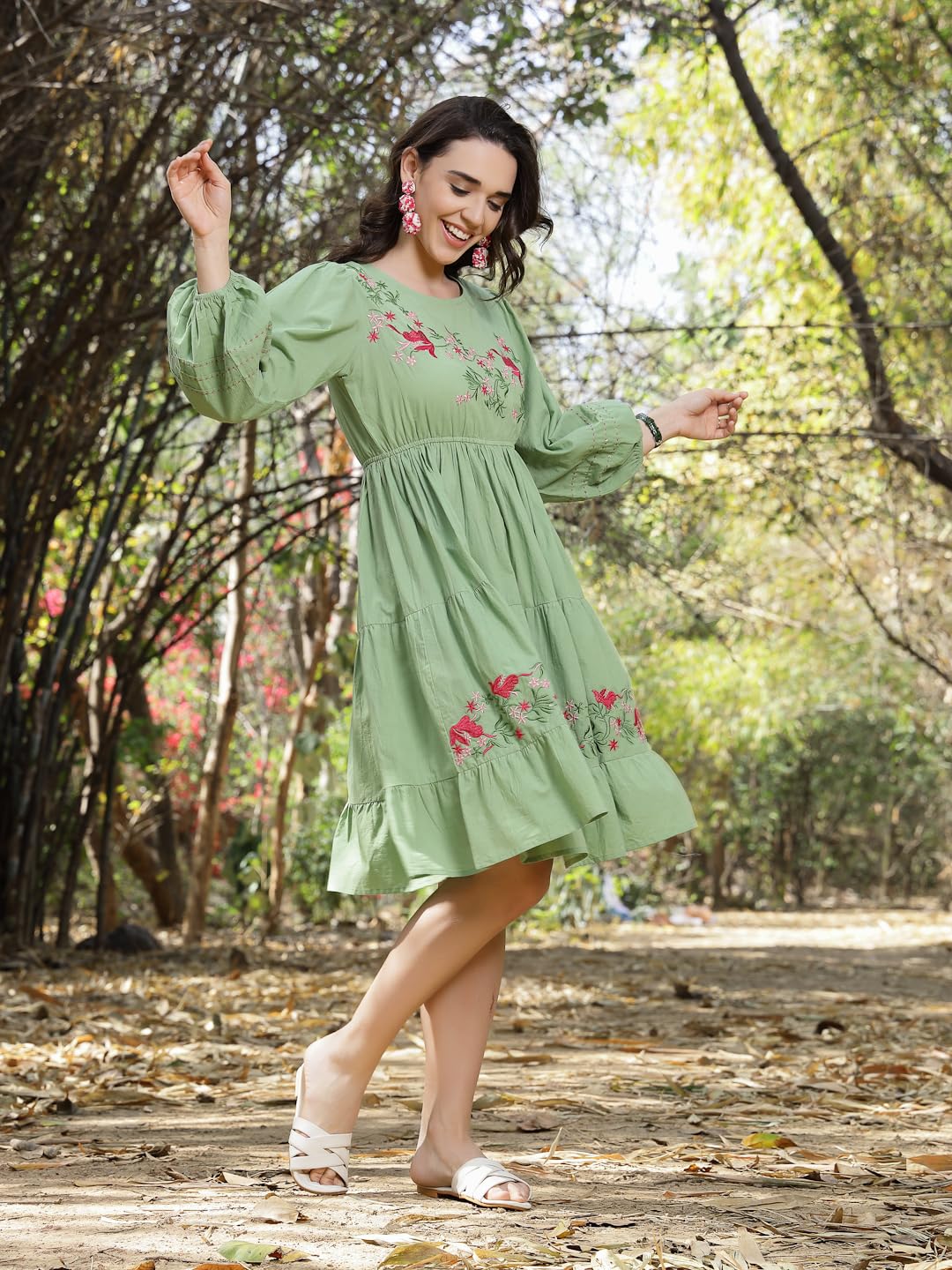Stylum Womens Solid & Embroidered Cotton Tiered Dress Pista Green