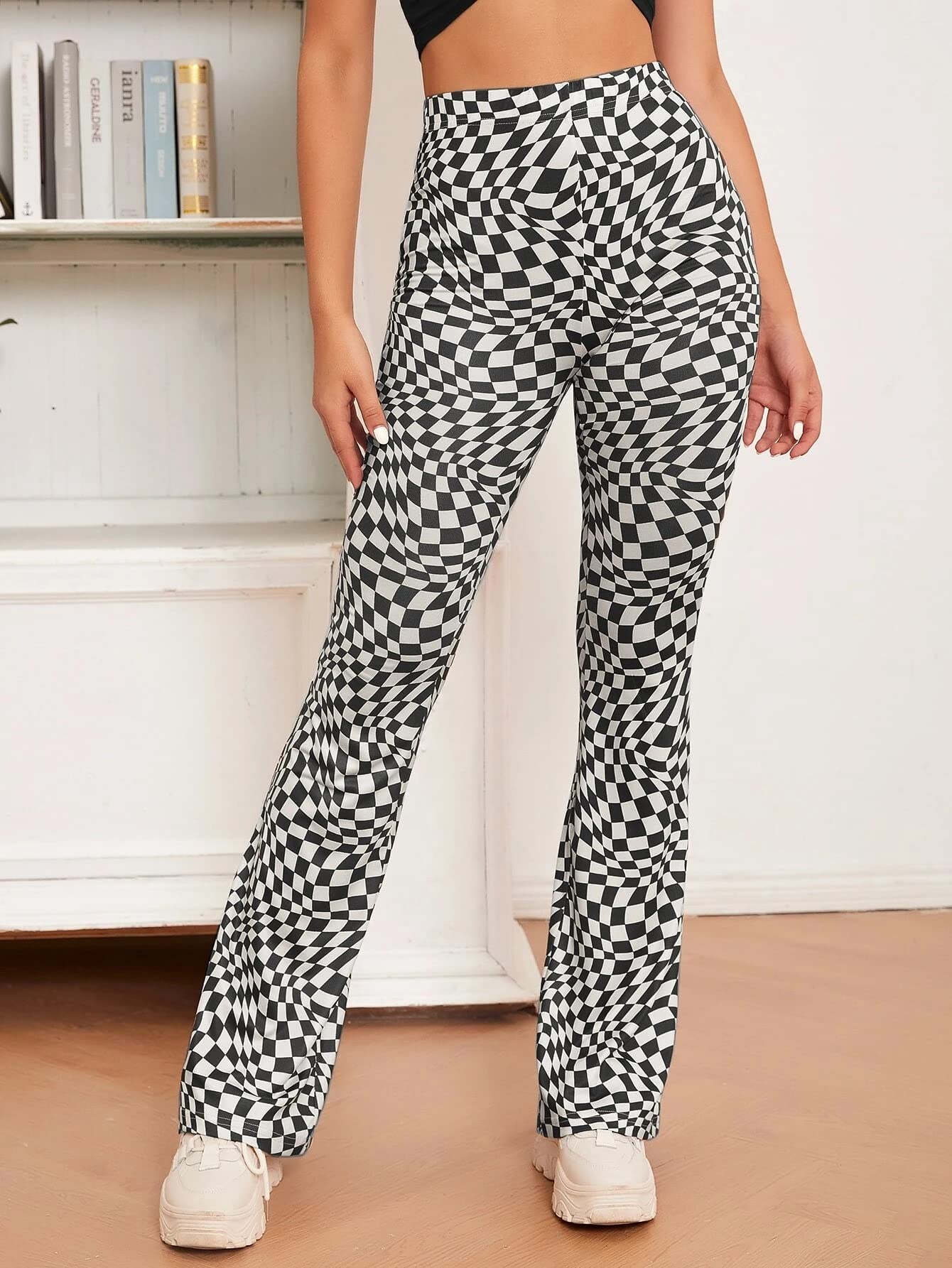 Shasmi Womens & Girls Black Checkered Print Dress Pants Stretchy Work Slacks Business Casual Office Bell-Bottom/Boot-Cut Elasti
