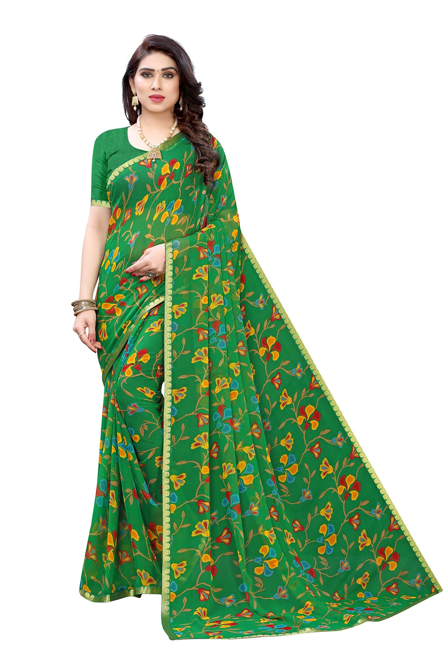 ANNI DESIGNER Womens Pure Chiffon Printed Saree With border and Blouse Piece (GREEN)