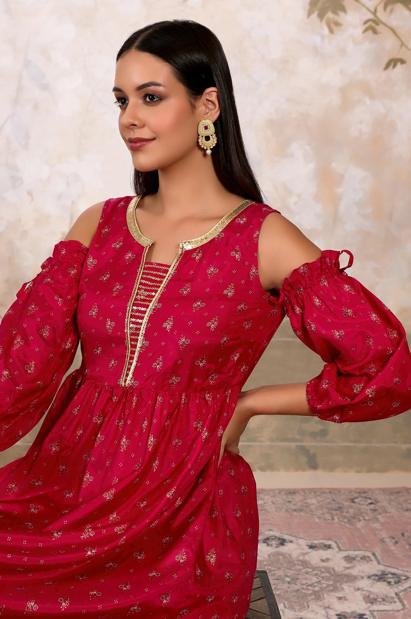 Aurelia Women's Polyester Pink Floral Round Neck Straight Kurta
