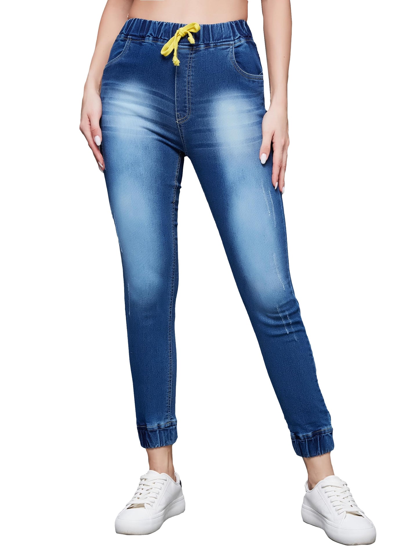 Miss Chase Womens Relaxed Fit Mid Rise Scraping Detail Ankle Denim Joggers (MCSS24DEN59-05-71-26, Navy Blue, 26)