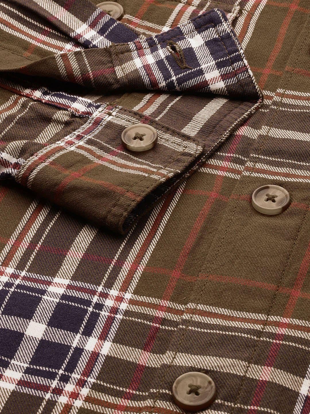 The Indian Garage Co Men Olive Checkered Regular Fit Cotton Casual Over Shirt
