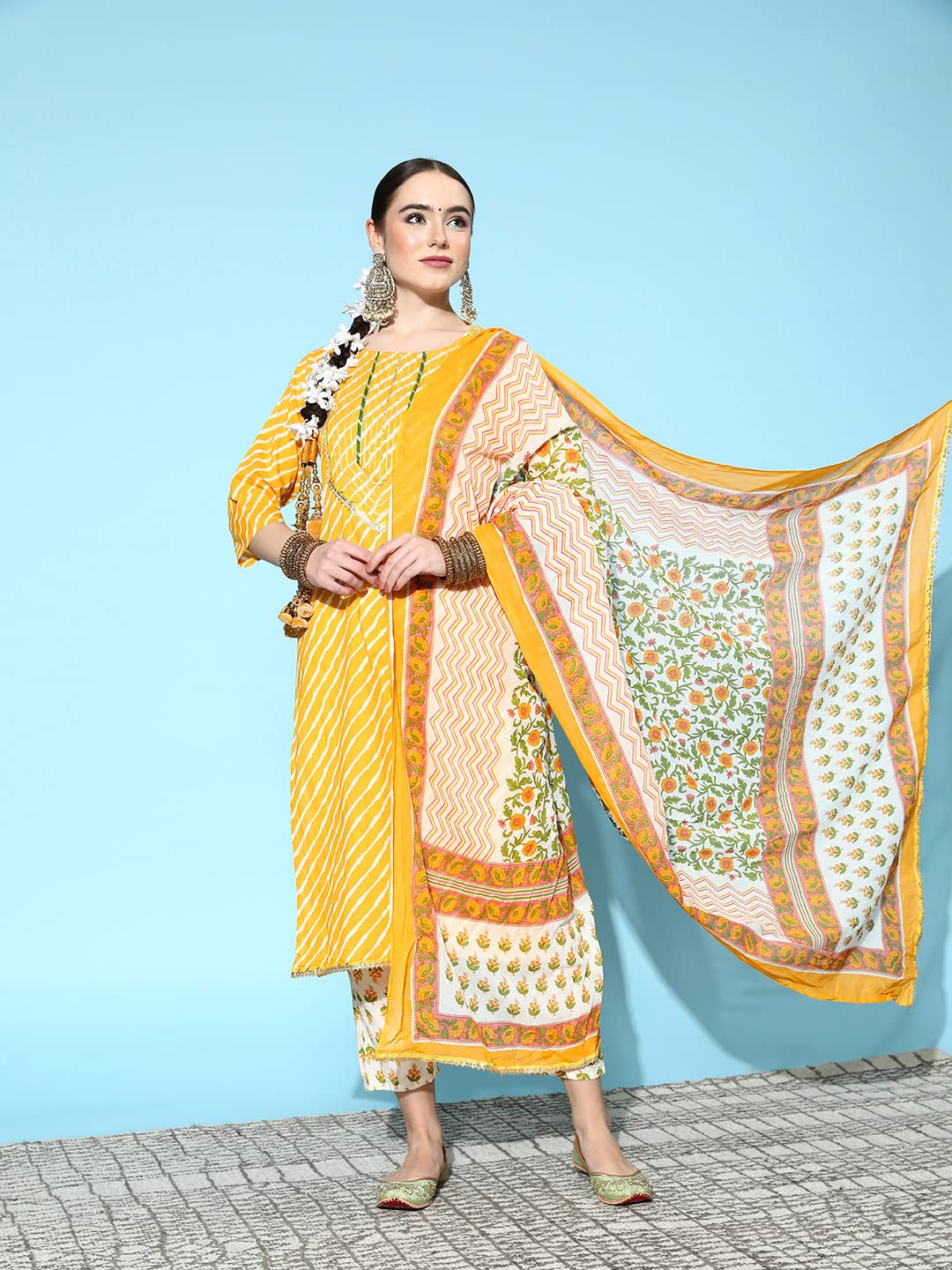 ishin Women's Mustard & White Leheriya Printed A-Line Kurta Trouser Dupatta Set
