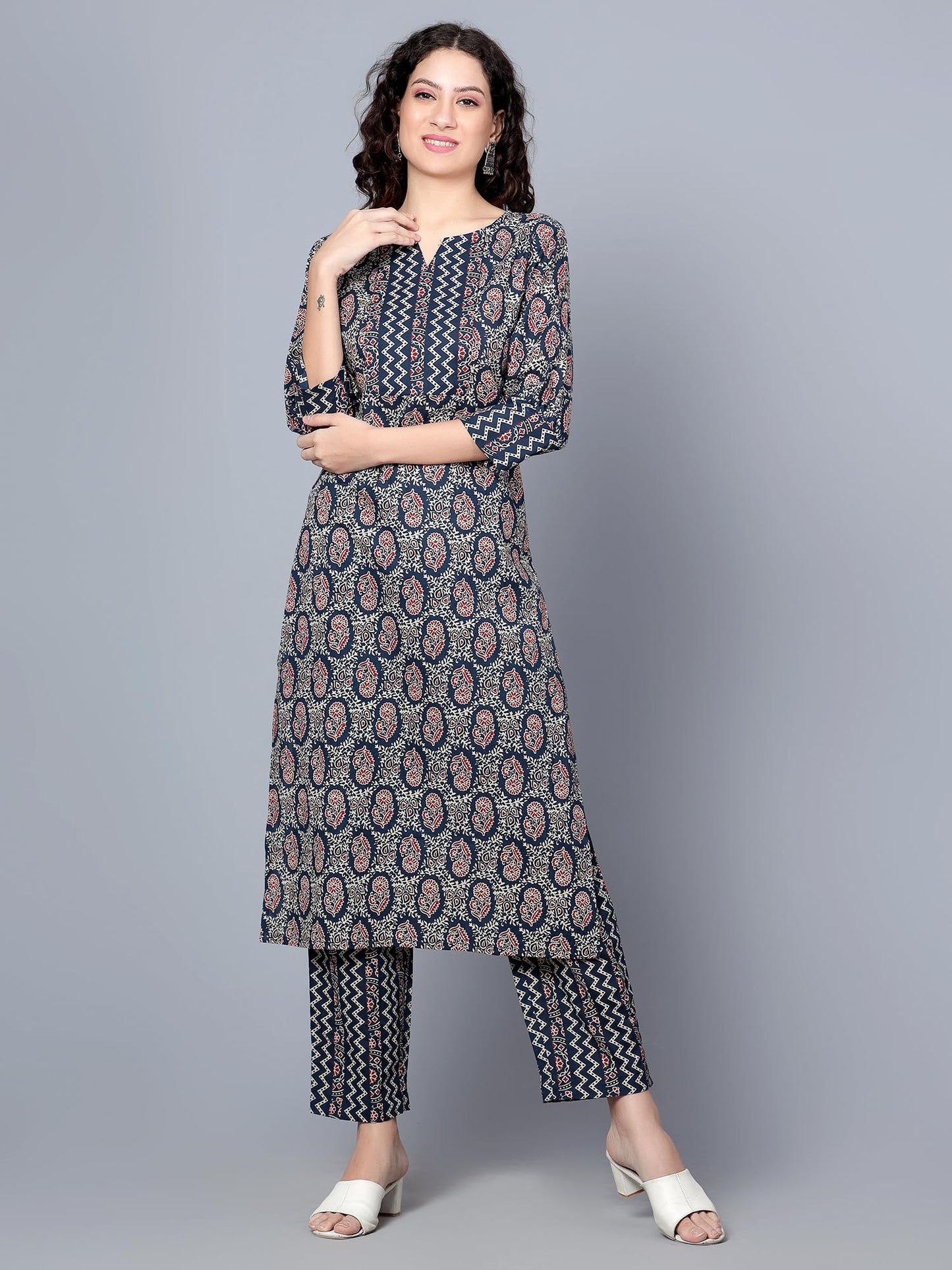 idaLia Indigo Blue Printed Cotton Kurta Set