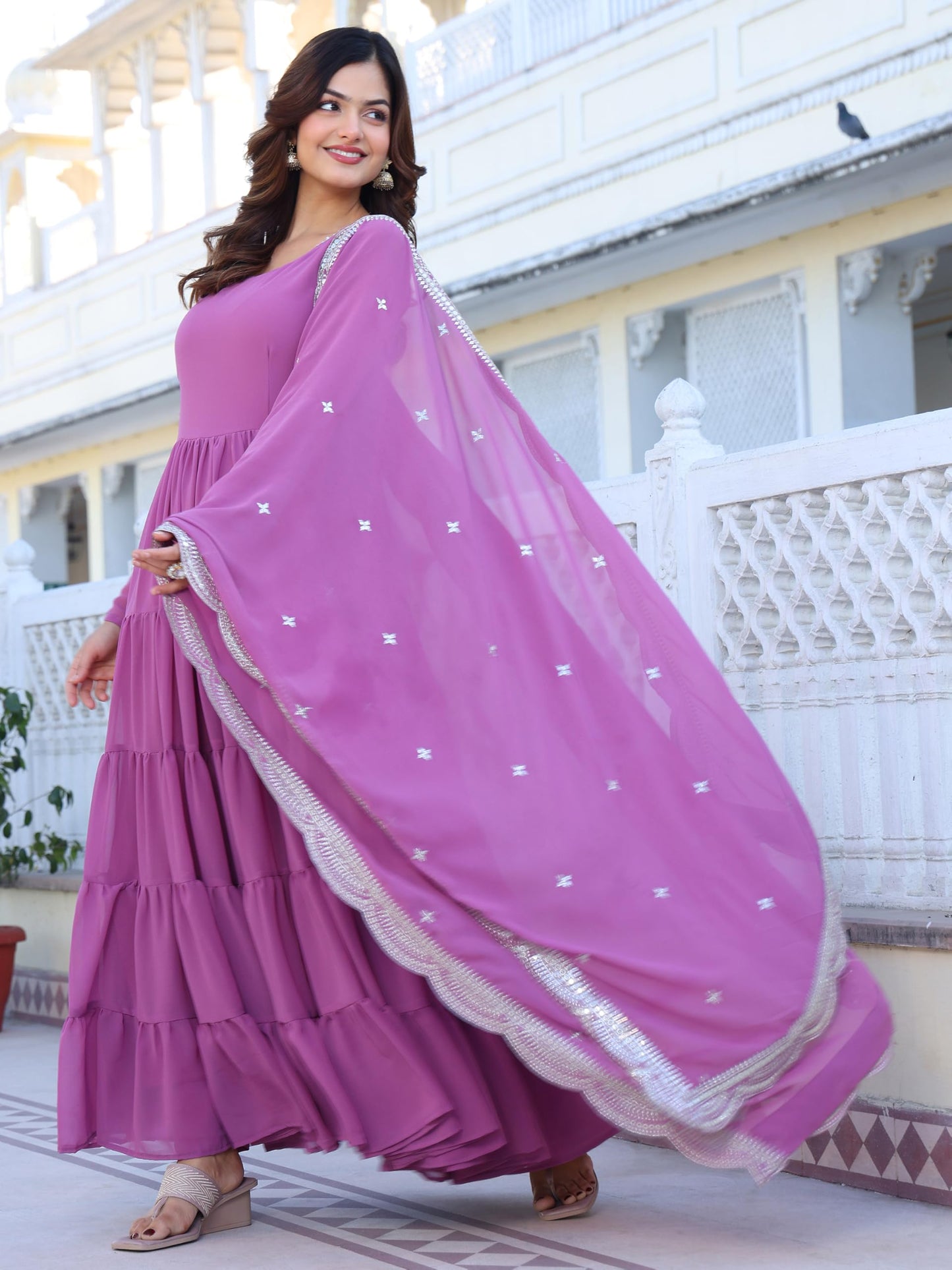 Fashion Basket WomenS Georgette Solid Anarkali Dress Light Purple