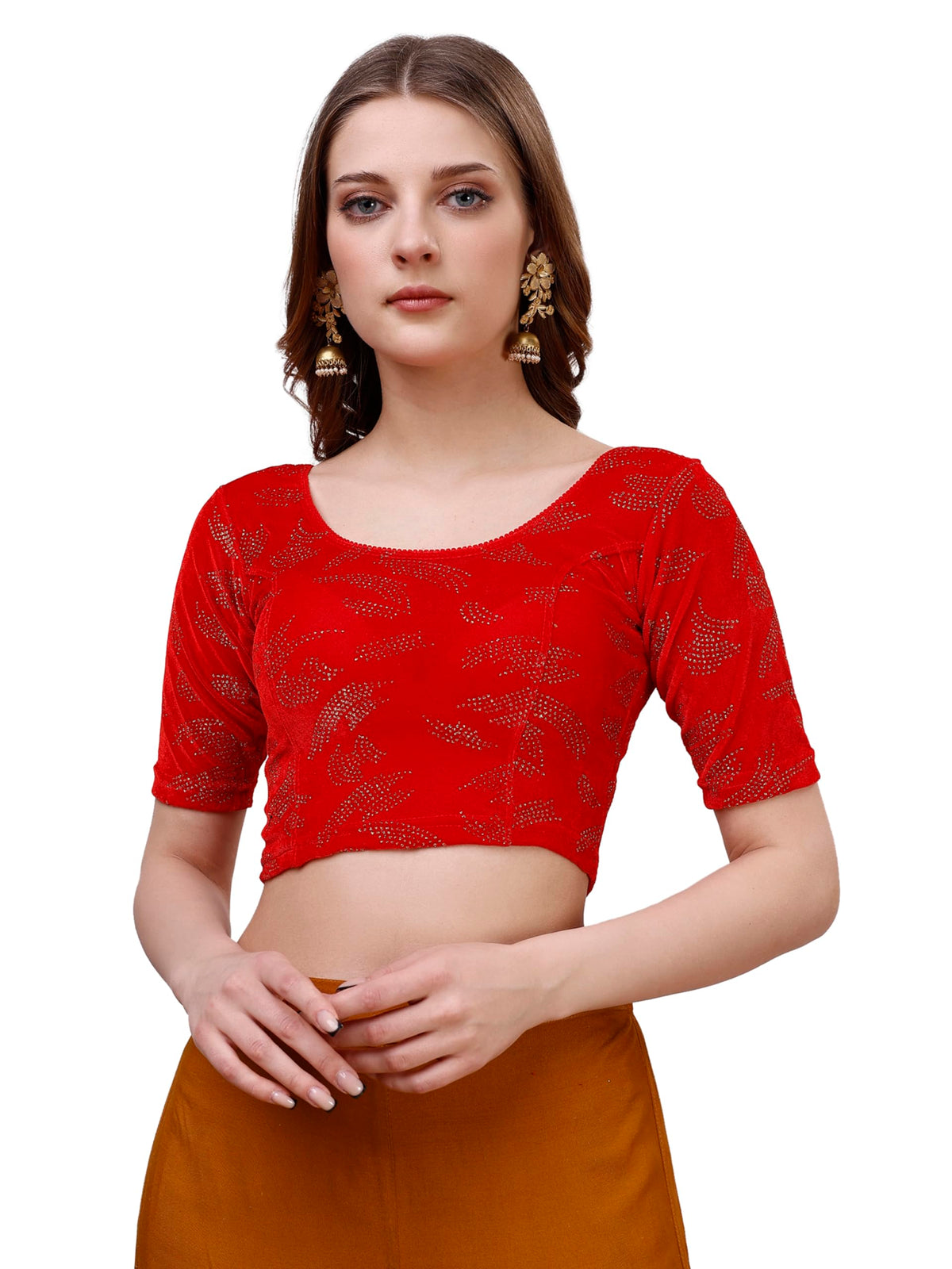 Vihu Fashion WomenS Readymade Hosiery Velvet Lycra Stretchable Round Neck Half Sleeve Blouse Fancy Red Color Lycra Stretchable