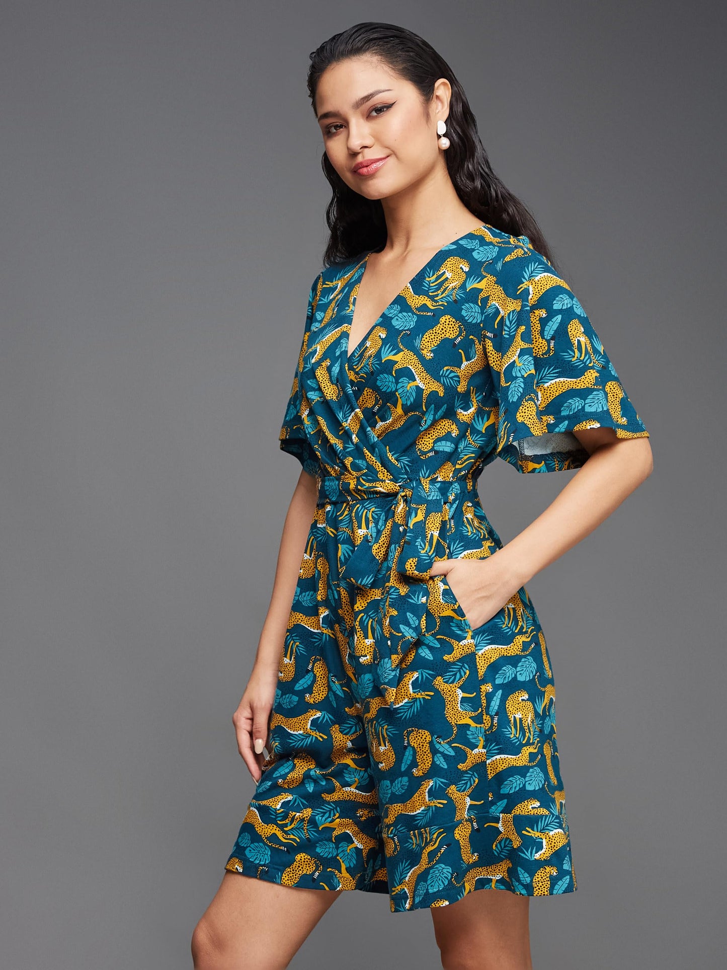 Miss Chase WomenS V-Neck Half Sleeve Animal Patterned Wrap Styled Pure Cotton Knee Long Playsuit With Pockets (Mcss24D19-12-306