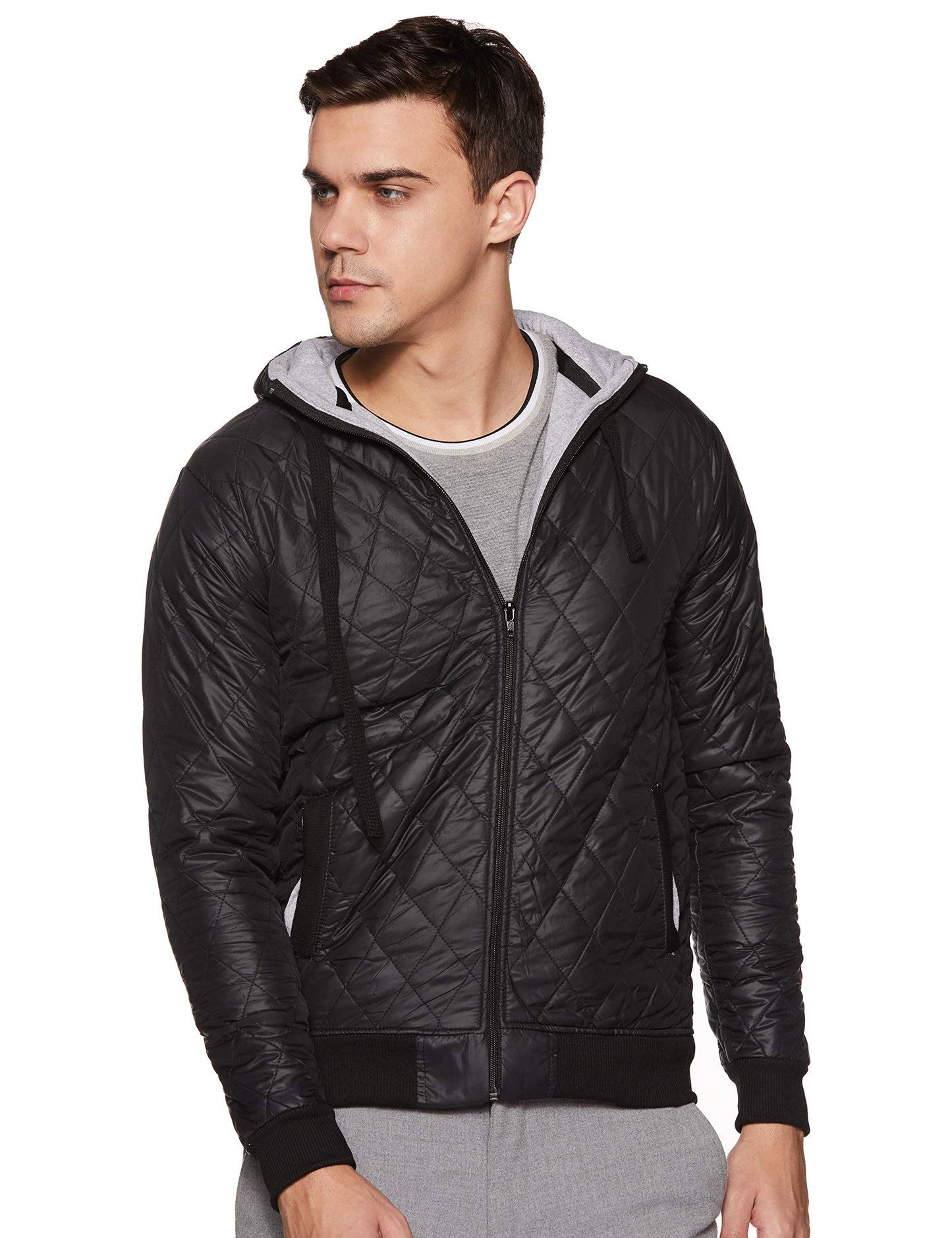 Campus Sutra Mens Black Solid Vegan Leather Regular Fit Cotton Jacket for Winter Wear | Standing Collar | Full Sleeve | Zipper