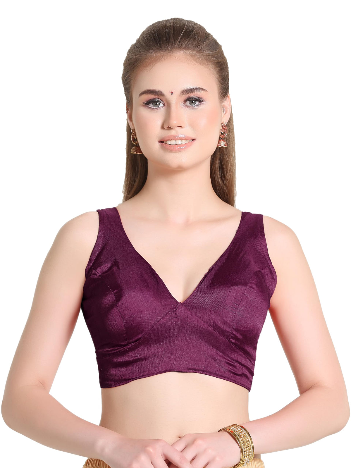 Pujia Mills Womens Dupion Raw Silk Sleeveless V Neck Sabyasachi Cut Readymade Saree Blouse Padded Stitched