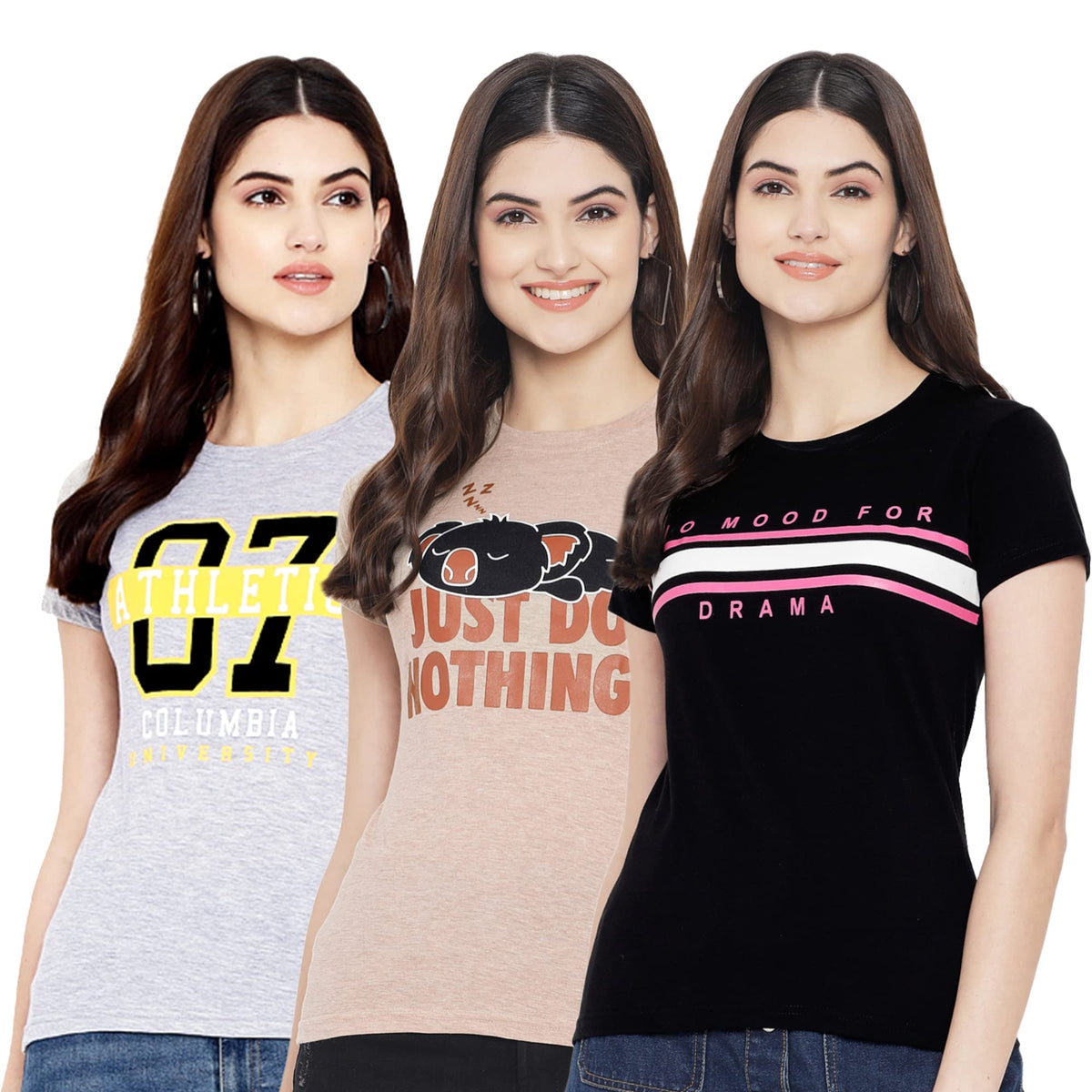Preneum Womens Cotton Regular Fit Latest Graphic Stylish Printed Short Sleeves Casual T-Shirt || Trendy & Styles (Pack 3), Brow