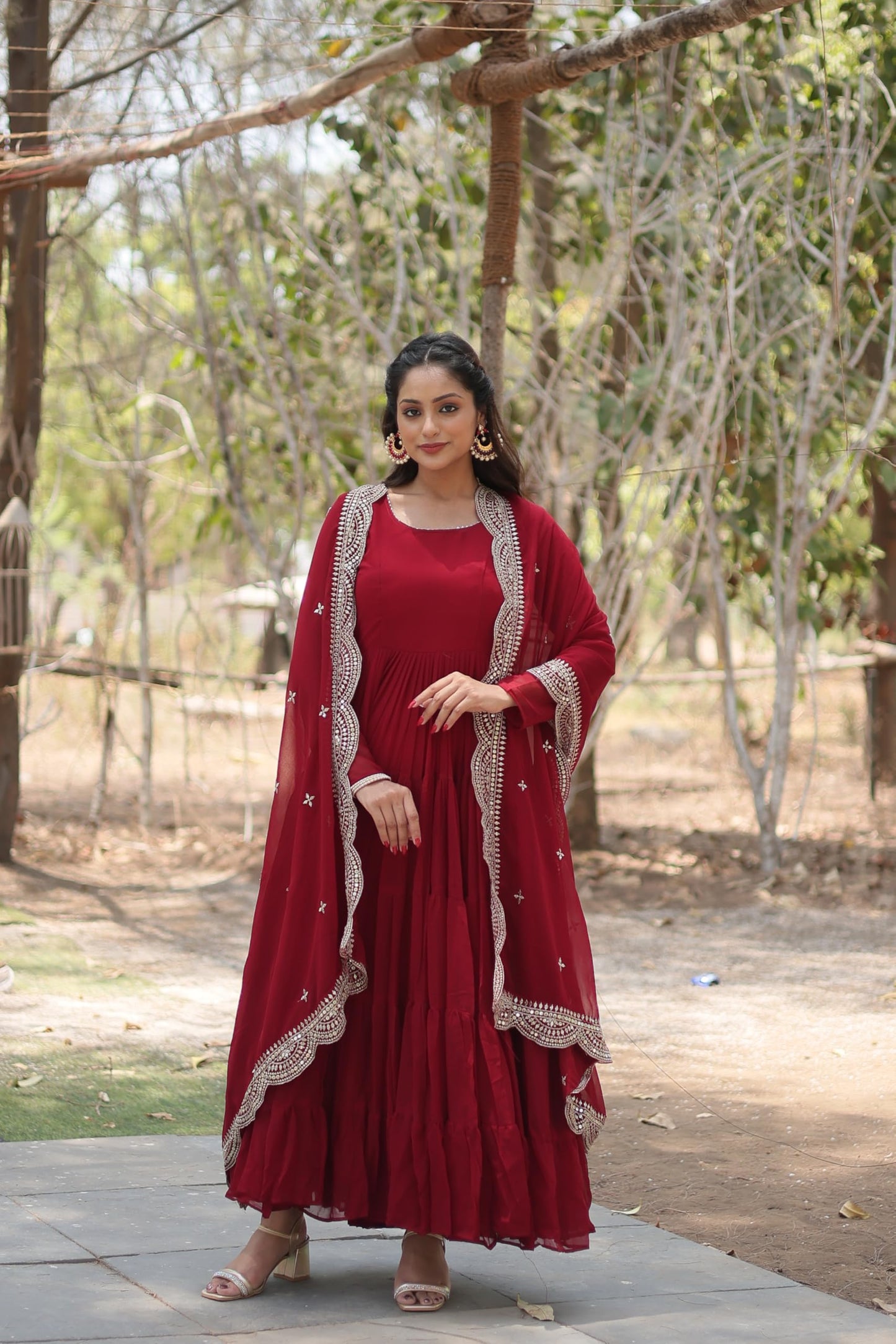 Fashion Basket WomenS Georgette Solid Anarkali Dress Maroon