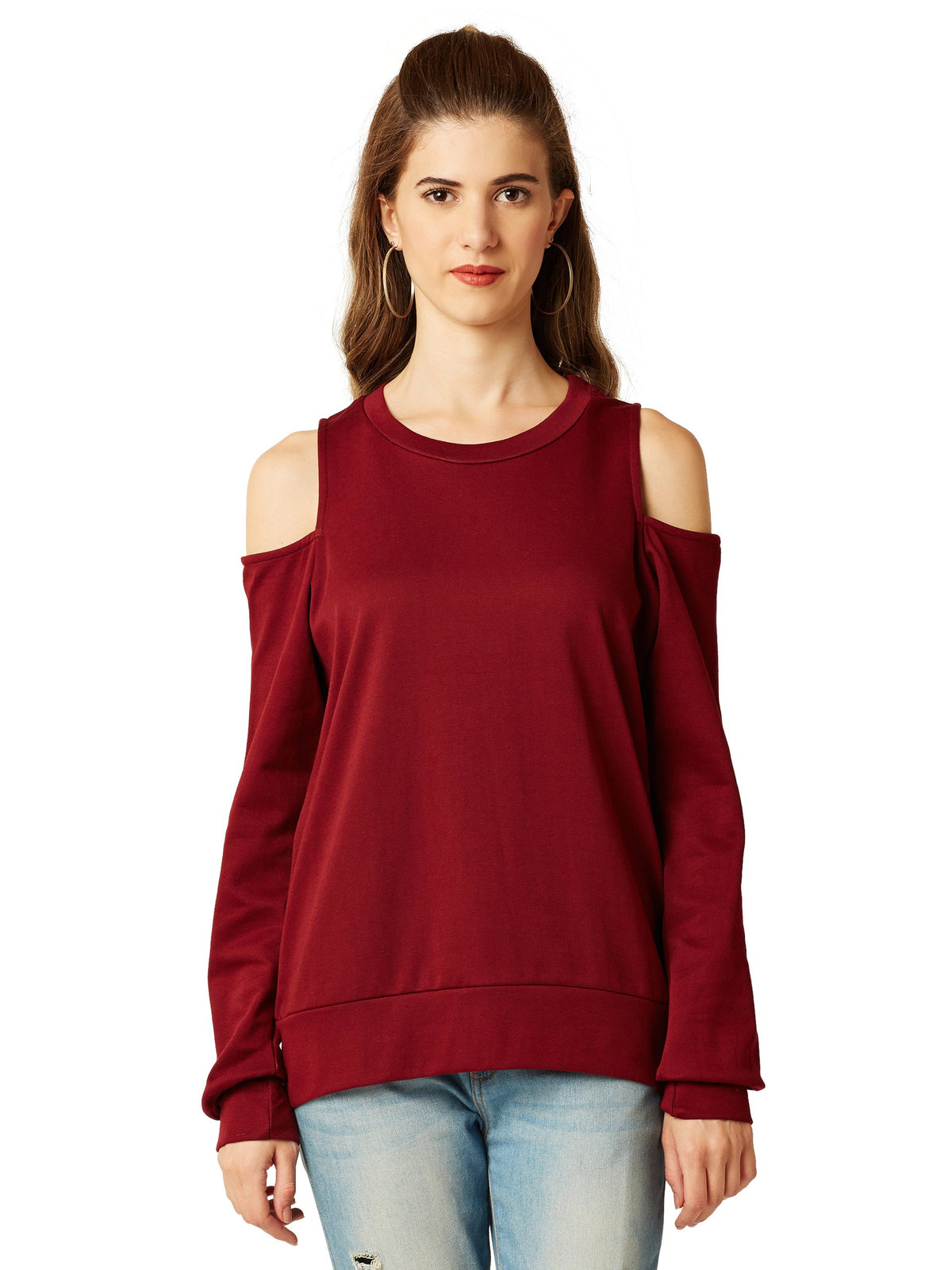 Miss Chase WomenS Maroon Cold Shoulder Boxy Top(Mcaw17Tp10-09-64-03,Maroon,Small)