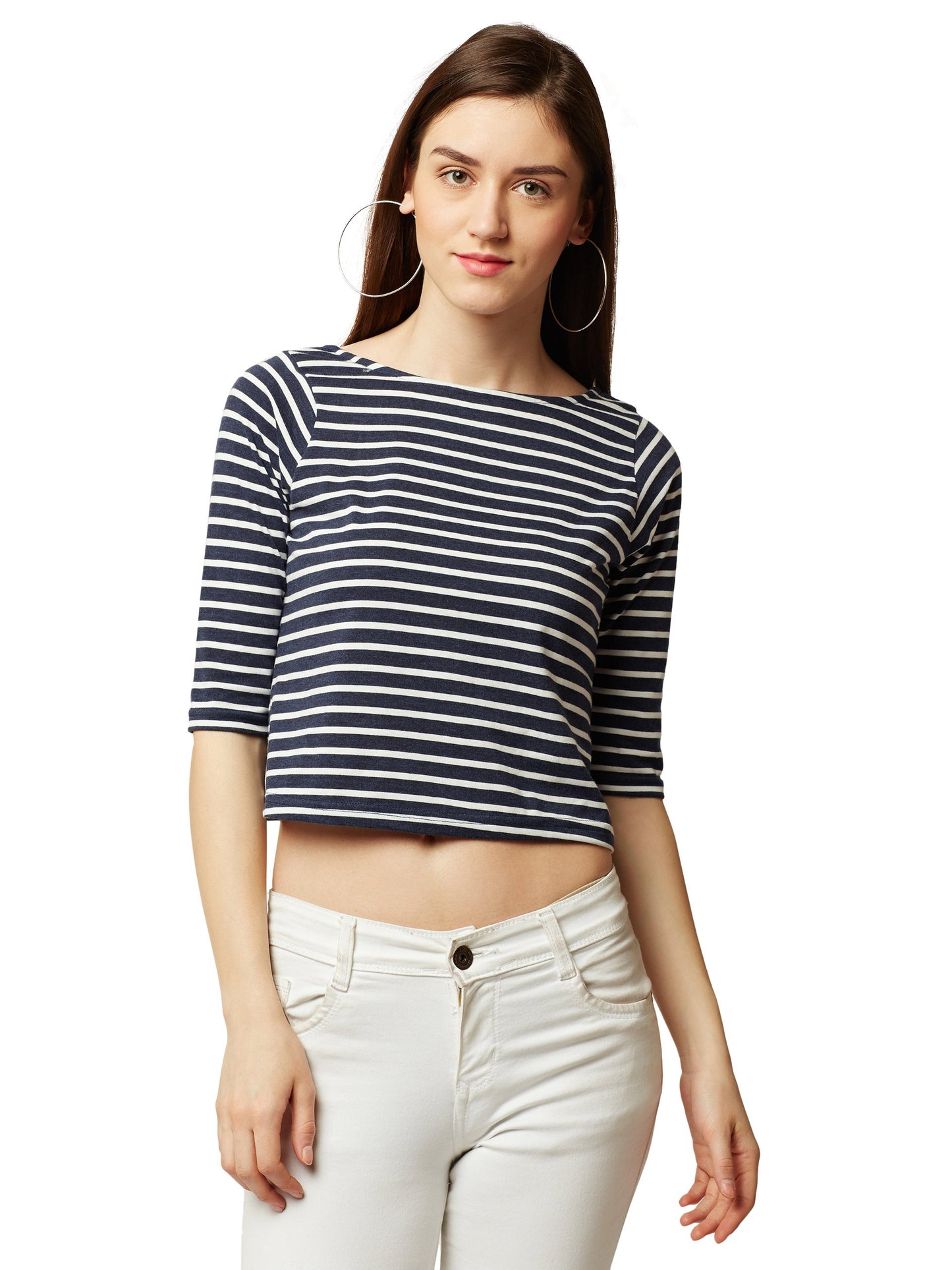 Miss Chase WomenS Striped Regular Fit Top (Mcss17Tp07-72-154-06_Navy Blue And White_X-Large)