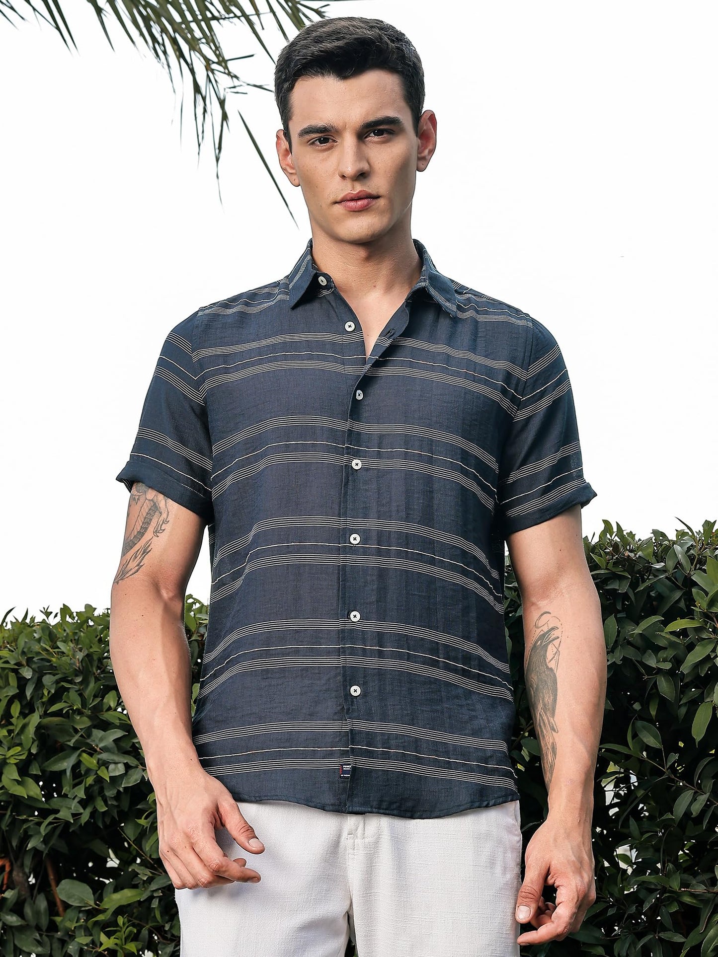 Thomas Scott Mens | Stripes | Short Sleeve | Spread Collar | Premium Polycoton Material | Slim Fit | Casual | Shirts for Men(TS