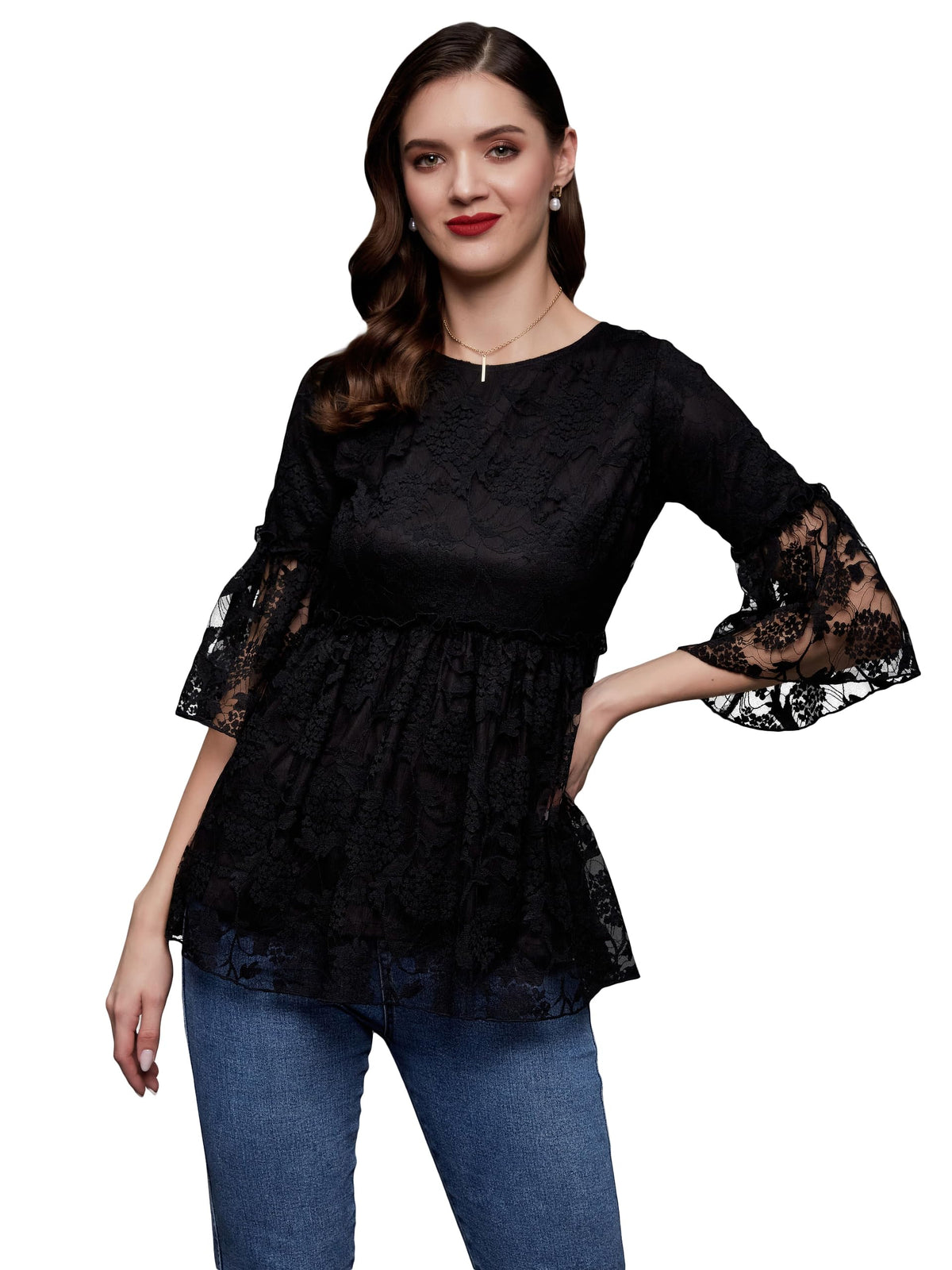 Miss Chase WomenS Relaxed Fit Regular Lace Top (Mcaw19Tp30-45-62-03, Black, S)