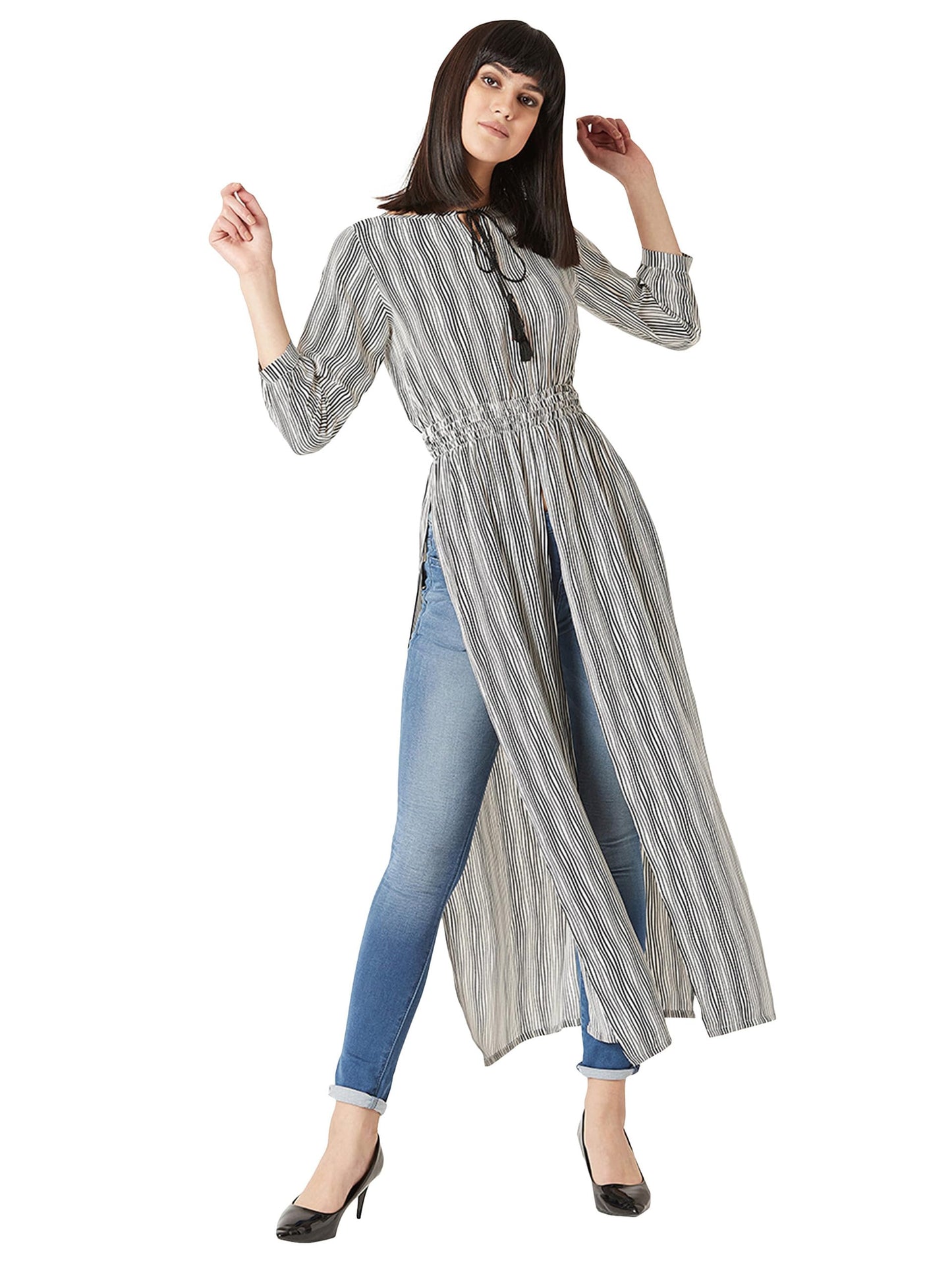Miss Chase WomenS Round Neck 3/4 Sleeves Striped Tassel Tie-Up Detailing Maxi Top With Side And Front Slit(Mcaw18Tp11-99-98-06,