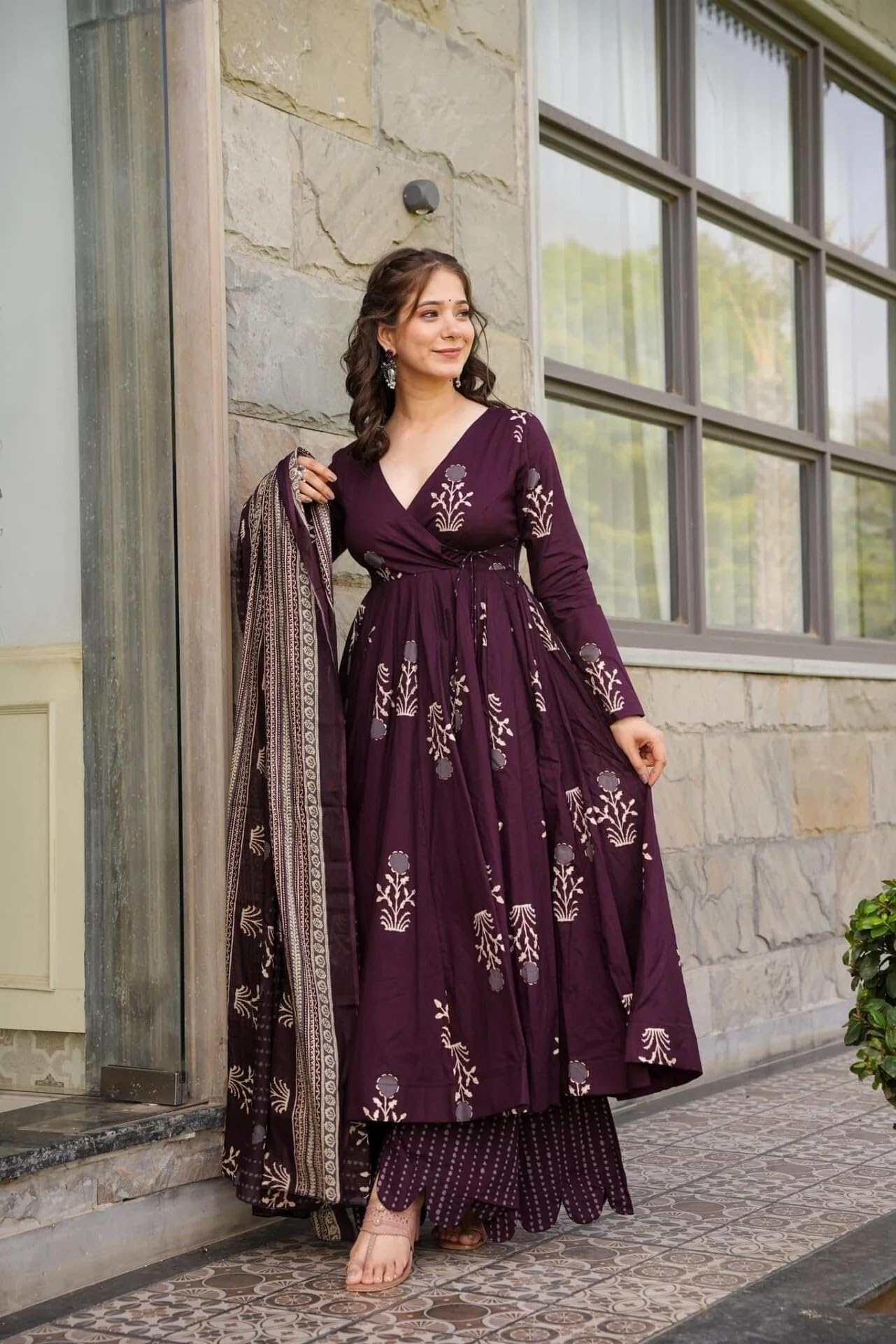 Wedani Rayon Anarkali Dress with Plazzo Pant for Women Wine