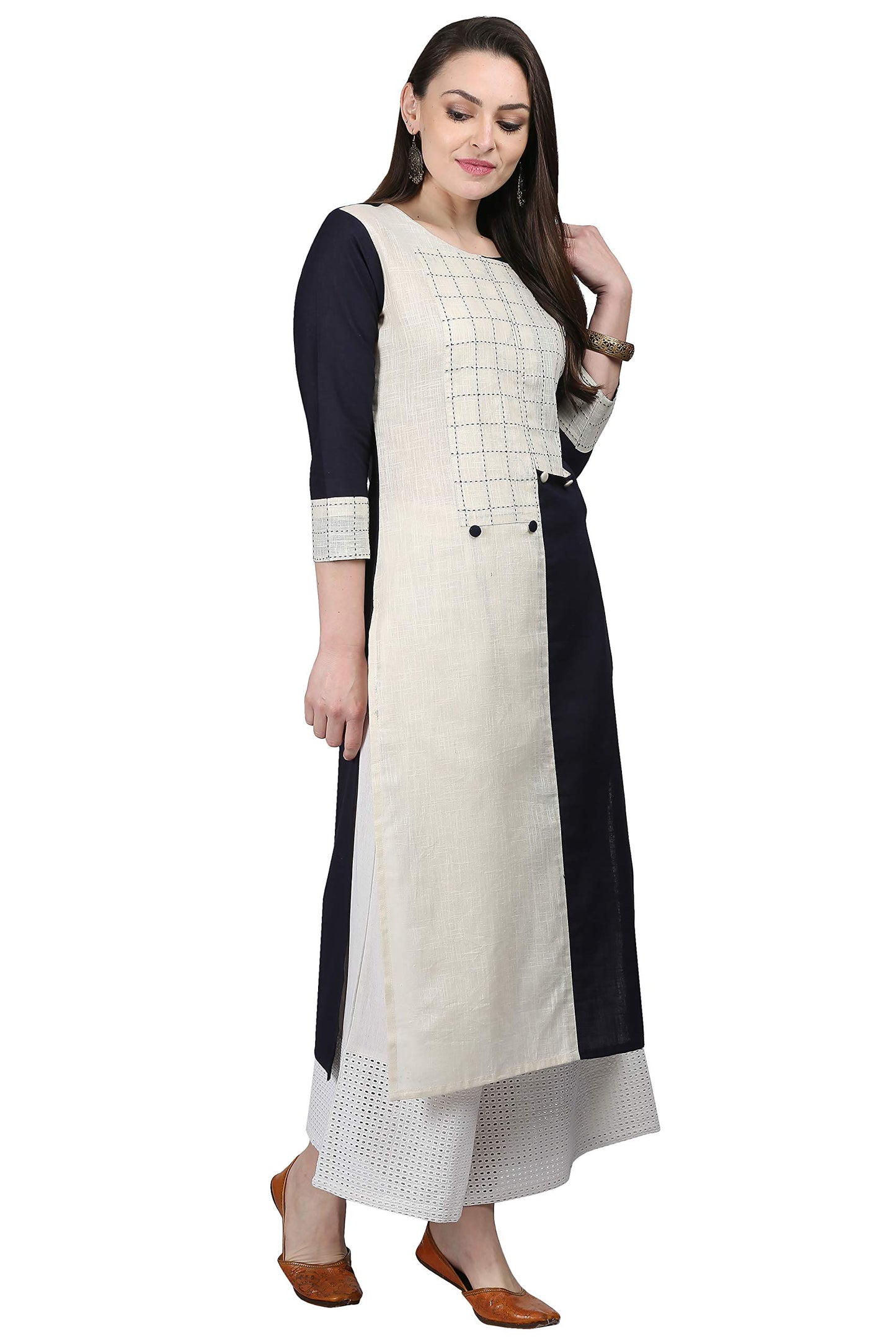 ANNI DESIGNER Women's Black & White Color Rayon Fancy Long Thread & Button Work Kurti(KUR190074_Black & White)