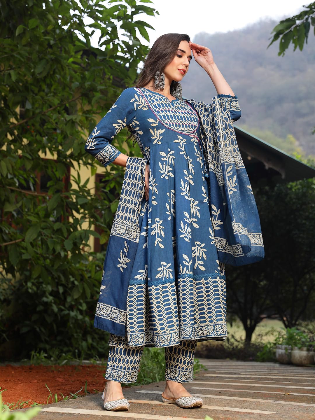 Stylum Womens Floral Printed Cotton Anarkali Kurta Pant Dupatta Set