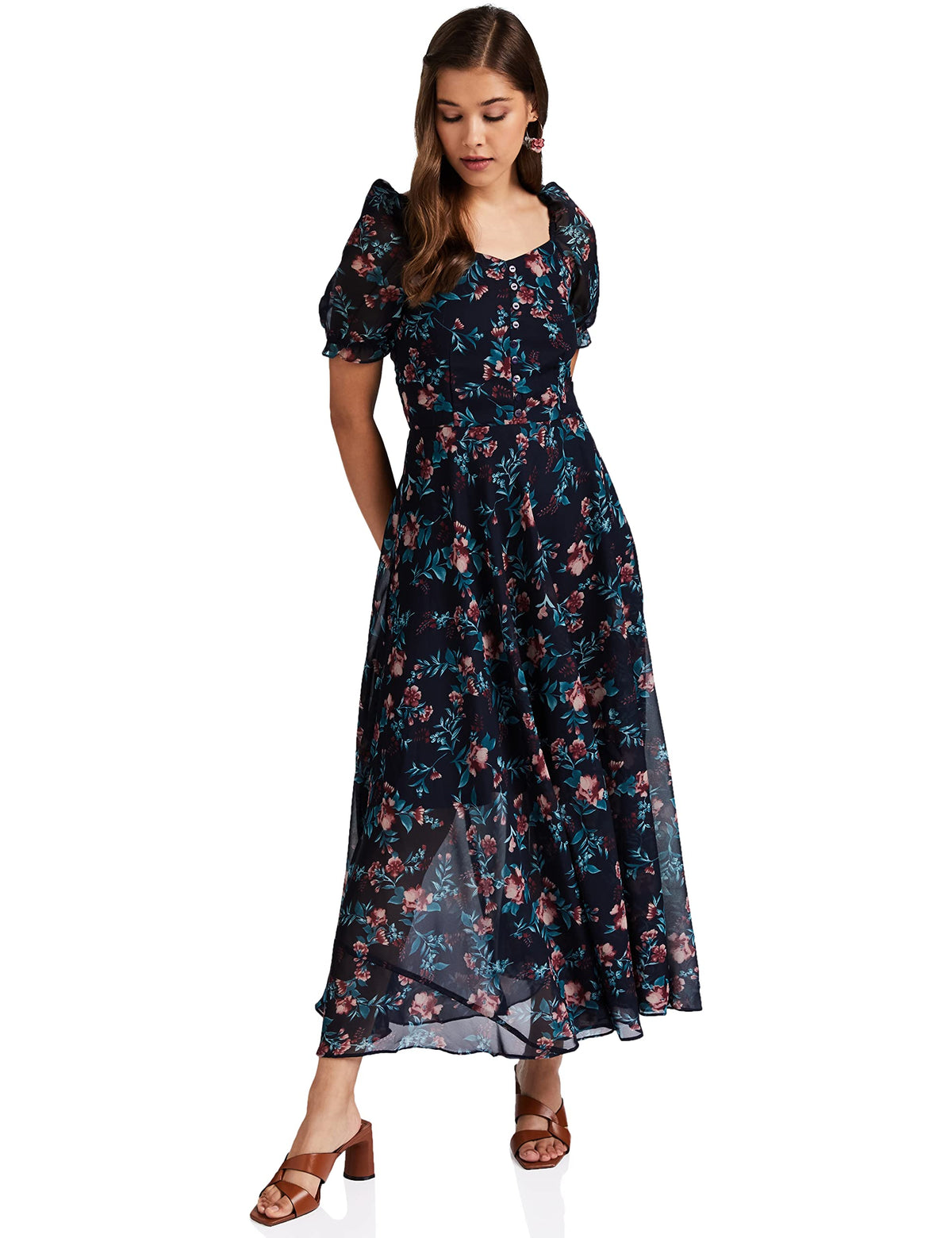 Rare WomenS Georgette Fit And Flare Maxi Casual Dress (Ep6218_Blue_X-Small)