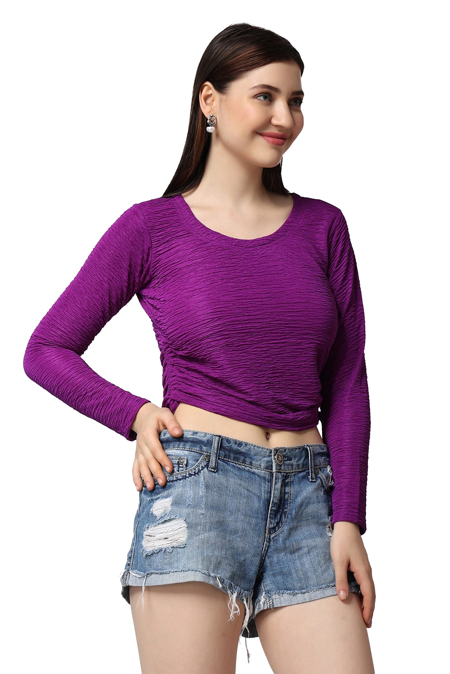 POPWINGS Casual Self Design Regular Fit Polyester Full Sleeves Crop Tops for Women with Crush String Violet