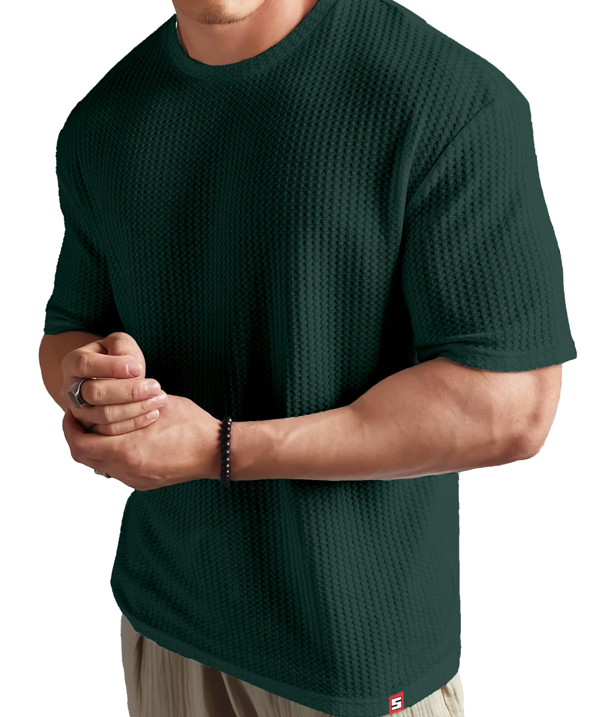 SHODOX Mens Solid Dotted Unique Design Oversized Tshirt for Men - Round Neck Loose Fit Drop Shoulder Mens T-Shirt Bottle Green