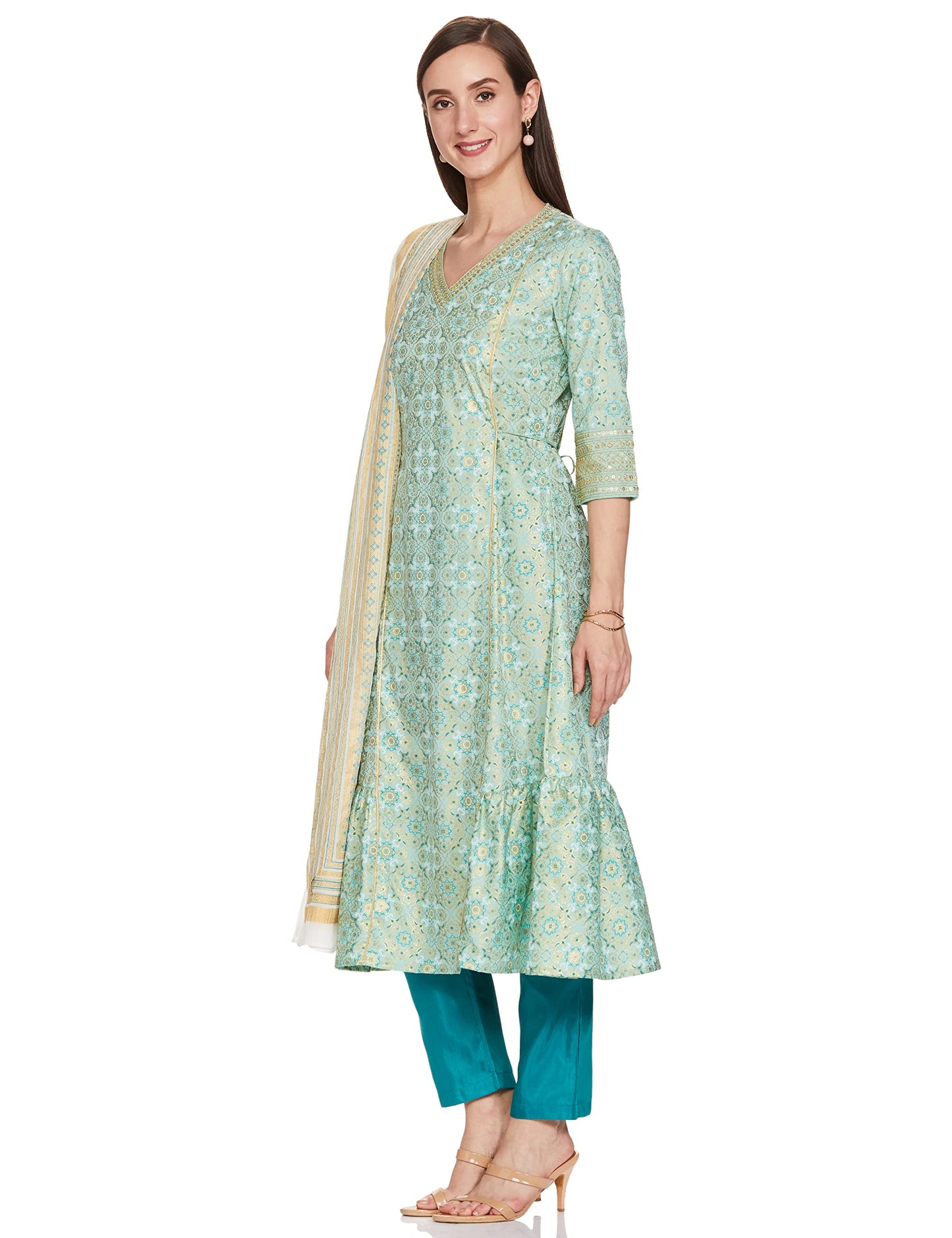 Green Printed Kurta-Golden Trouser- Dupatta Set
