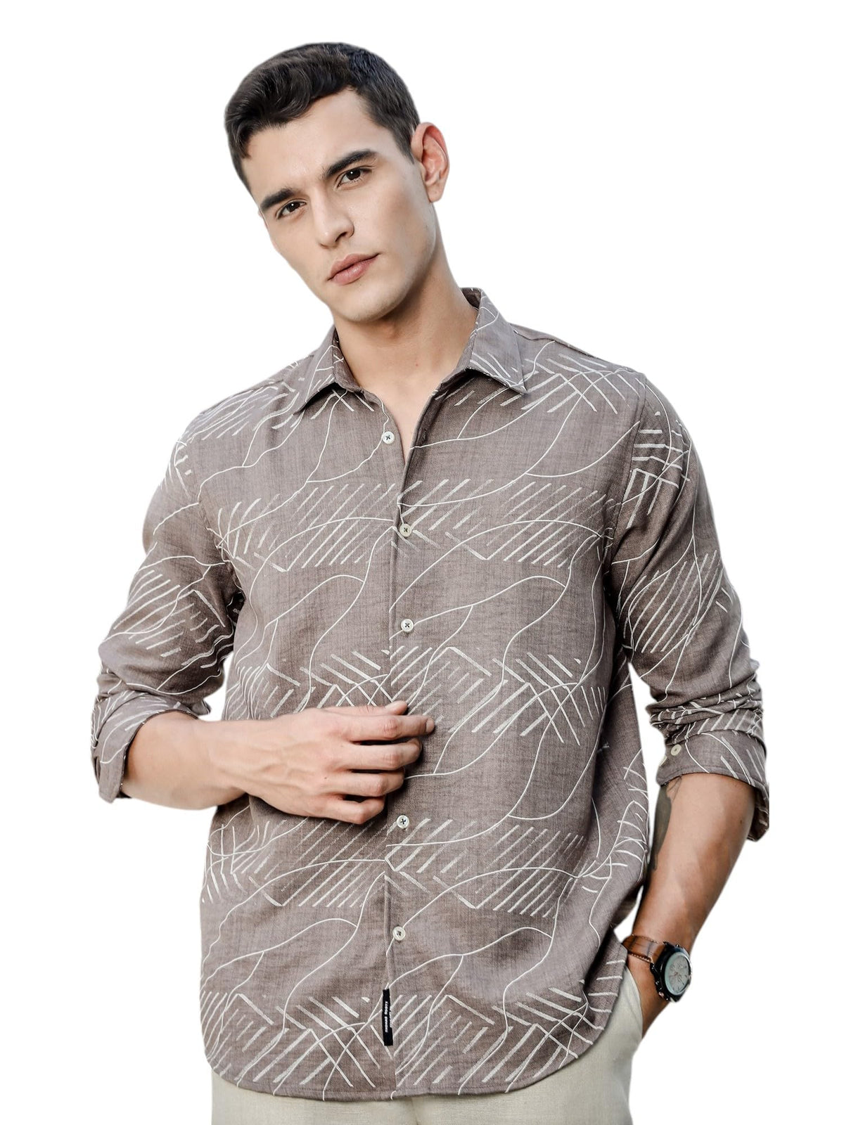 Thomas Scott Premium Embroideried Long Sleeve Casual Shirt for Men Brown