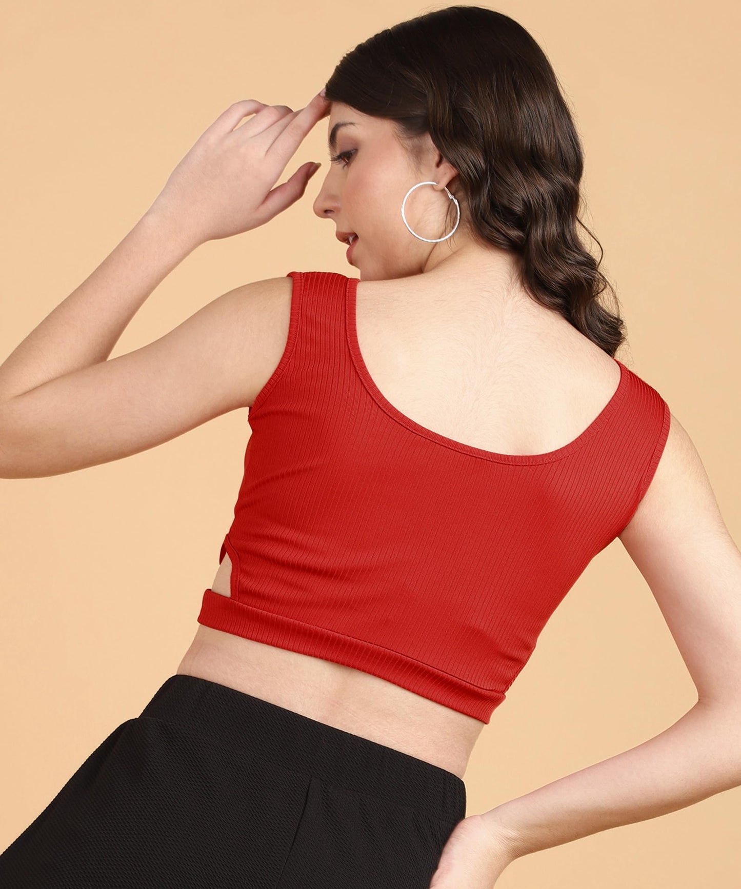 POPWINGS Women Casual Red Self Design Rib Deep V Neck Sleeveless Cutout Crop Top