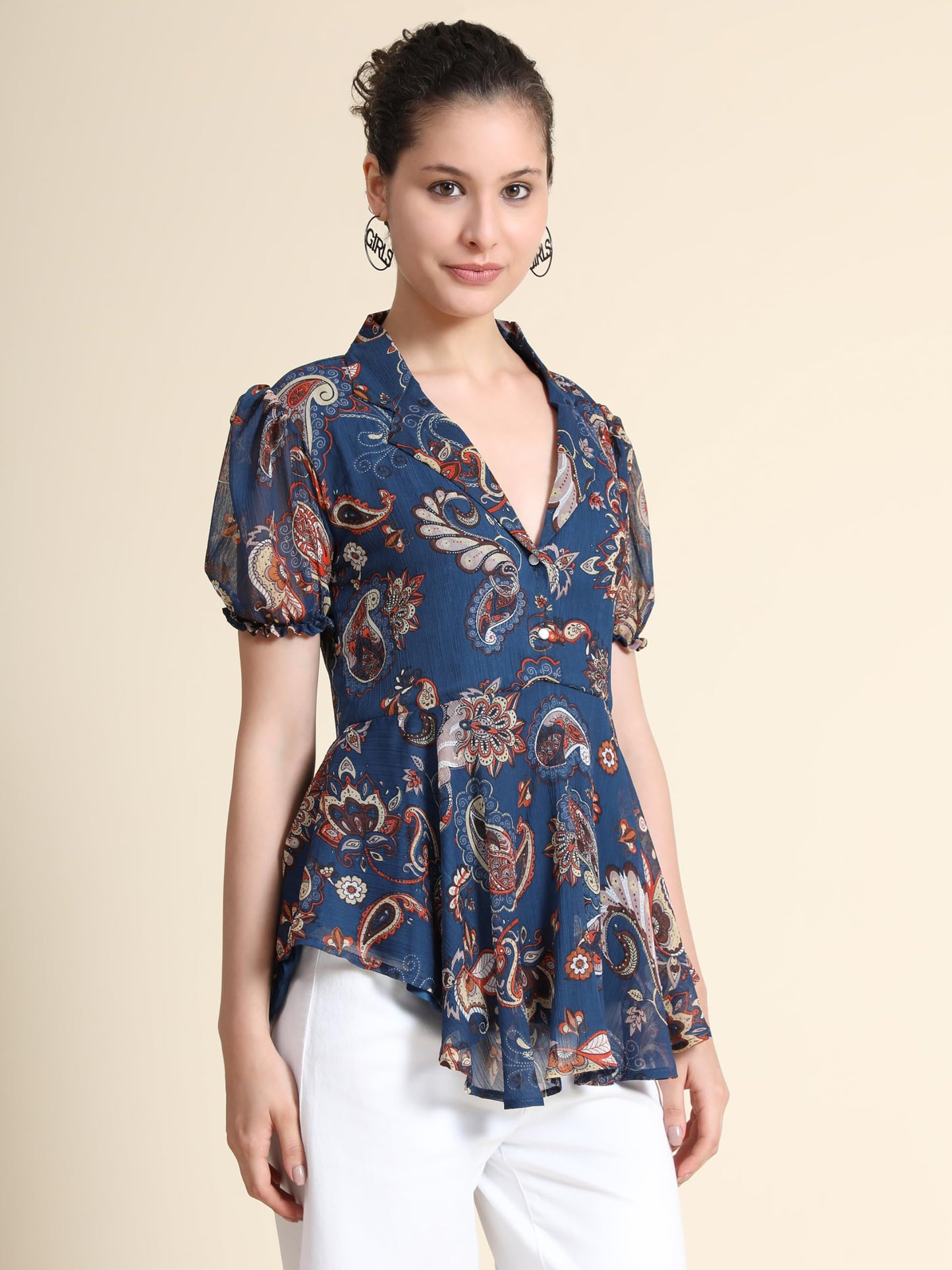 Toochki Navy Blue Georgette Paisley Flared Printed high Low Style Western Summer wear top for Womens in Latest Trending Style G