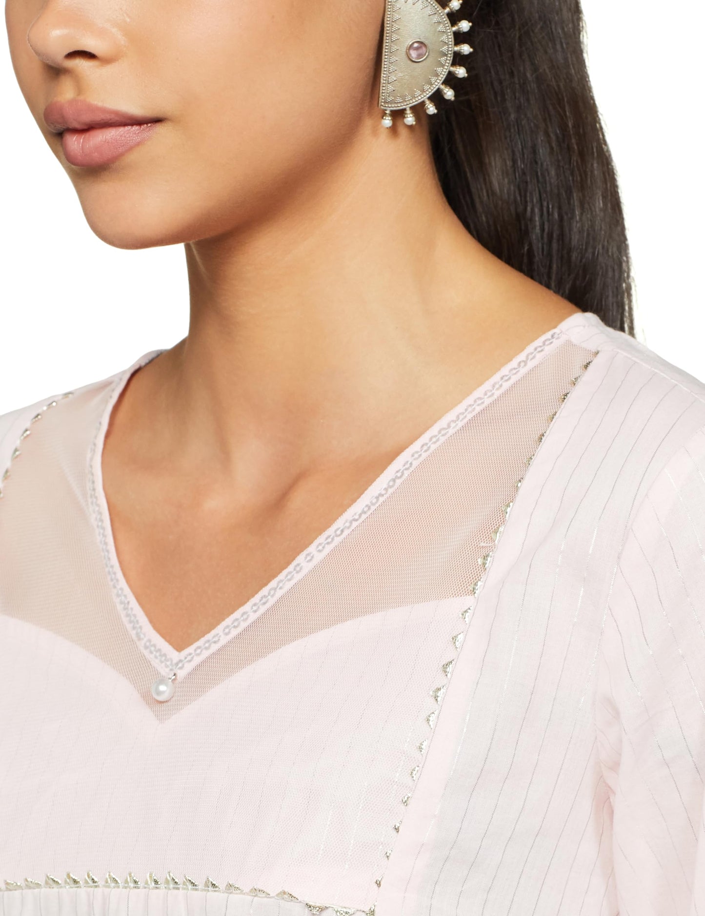 Aurelia WomenS Cotton Solid Regular Pink Sequined Lurex Striped Kurta (23Fea13940-704155