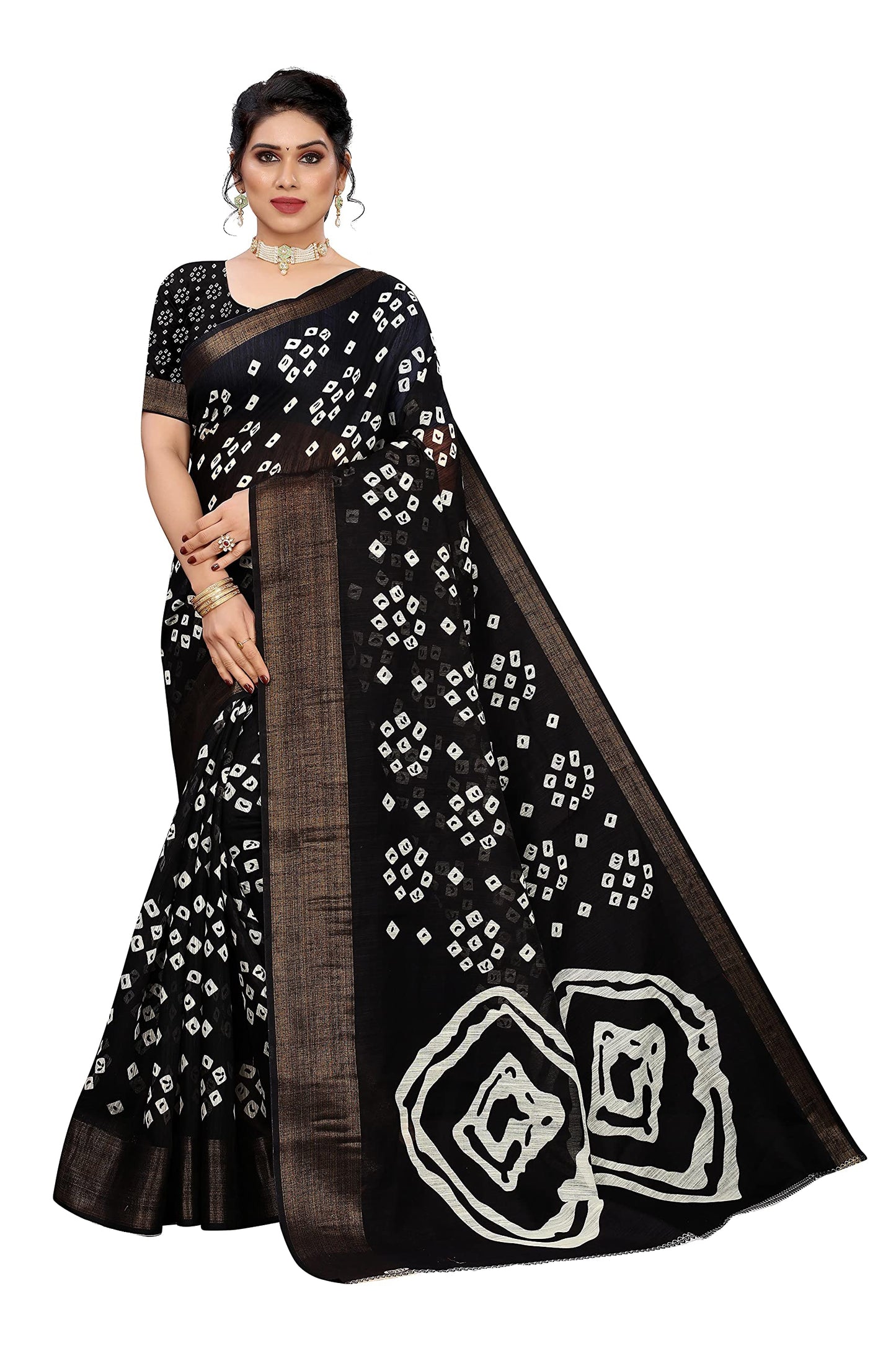 ANNI DESIGNER Womens Linen Cotton Printed Saree with Blouse Piece (FARHA BLACK_Black)