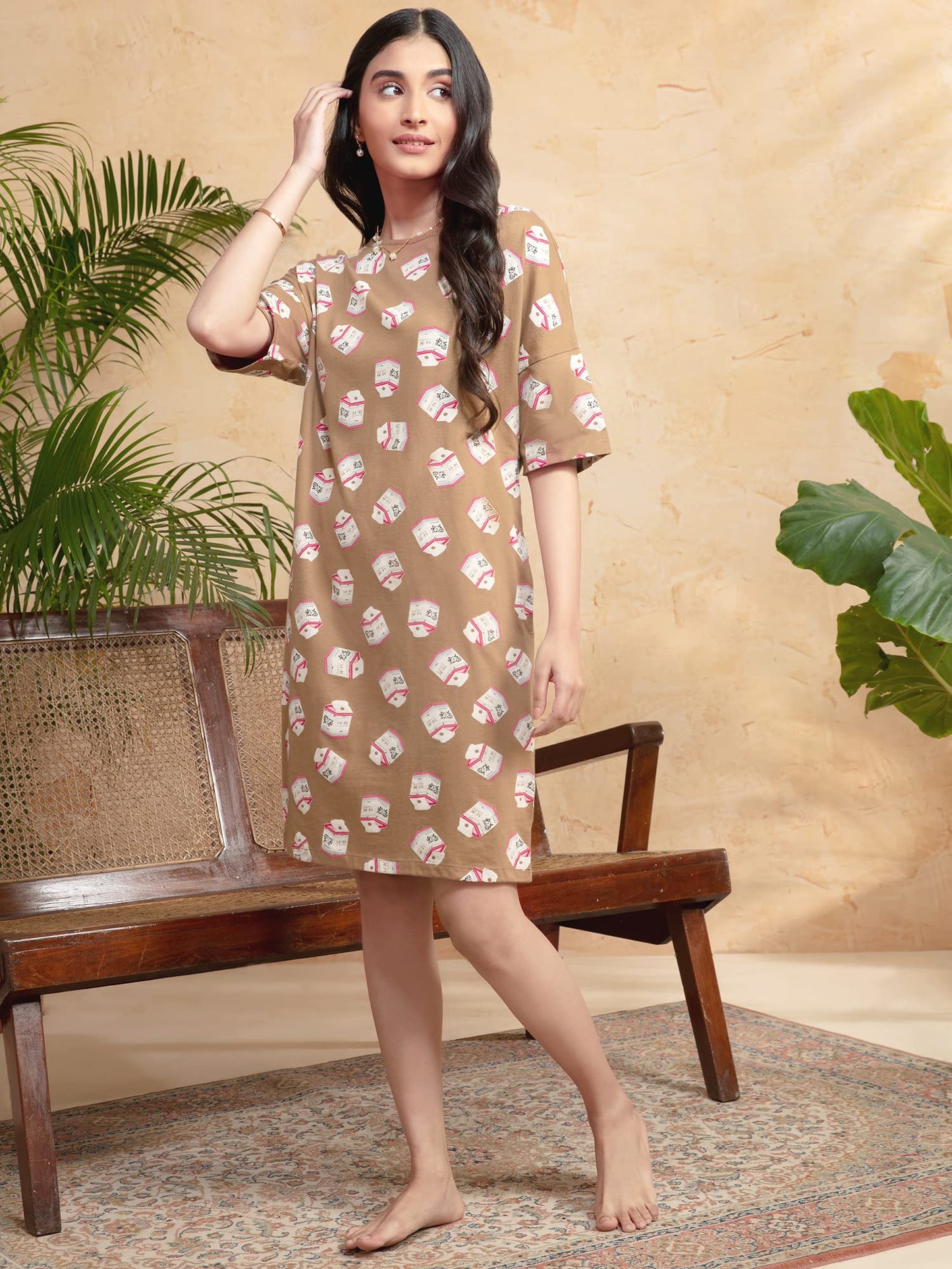 Nykd Women'S Cotton Printed Knee Length Night Dress Sleep Dress, Nys060, Milky Way Brown, S, 1N