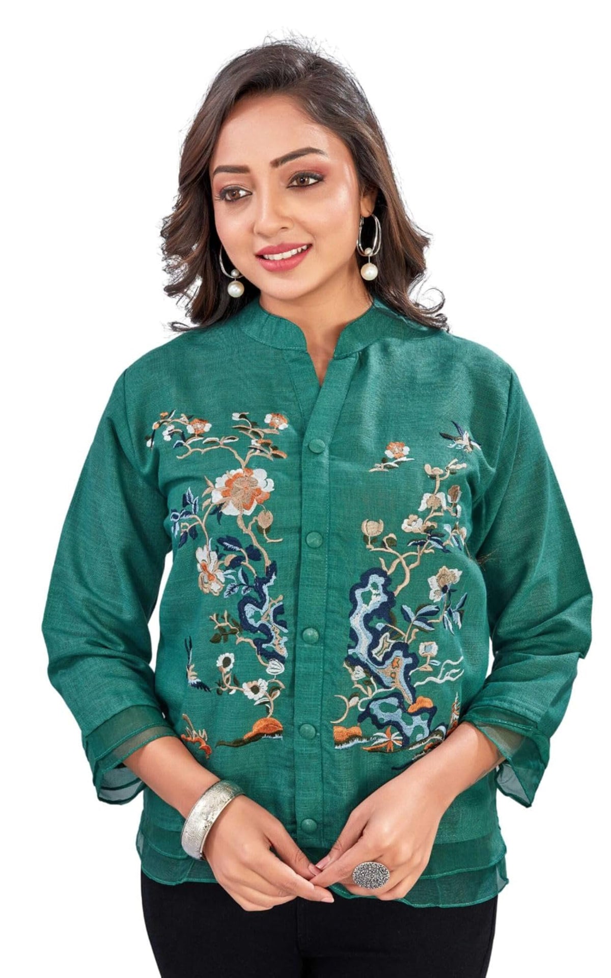 Kesudi WomenS Embroidered Button-Down Shirt For WomenS | Casual Wear Floral Design Tunic Shirt | 3/4 Sleeve Mandarin Collar Sh