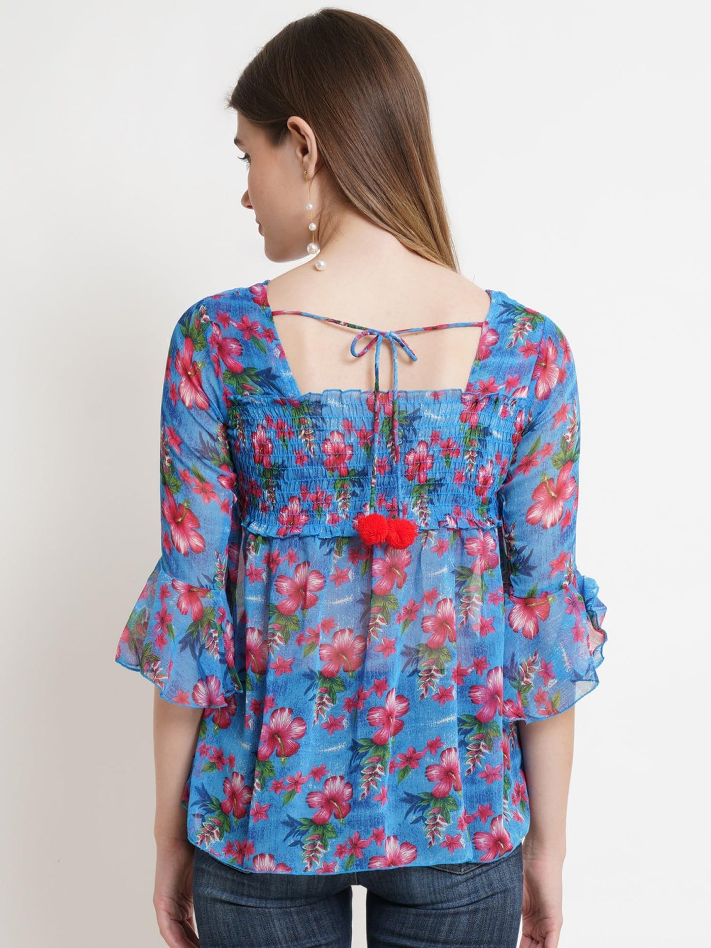 POPWINGS Printed Chiffon Peplum Tops for Women || 3/4th Sleeves Square Neck Women Tops for Summer || Stylish Western Smocking Wo
