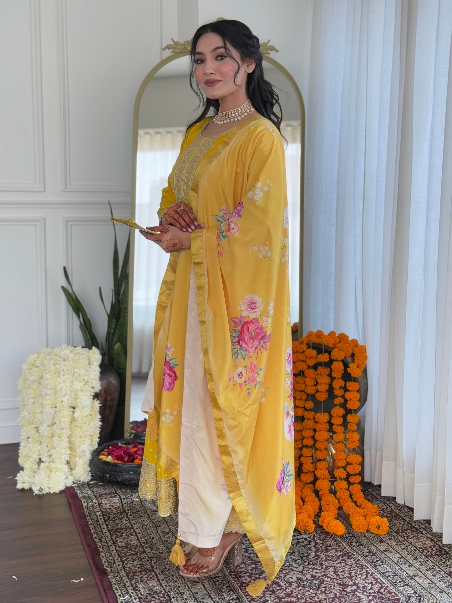 Naixa WomenS Yellow Vichitra Silk With Cotton Lining Embroidered Flared Kurta With Rayon Pant And Art Silk Printed Dupatta Sets