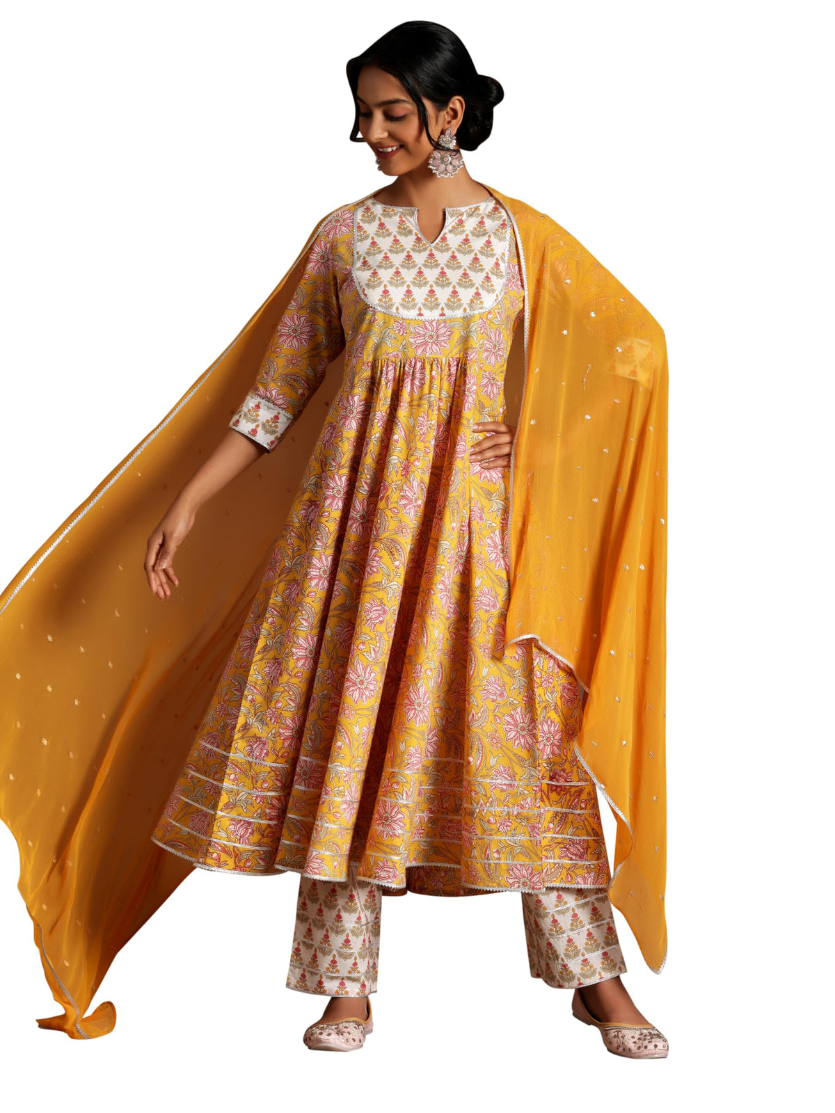 Libas Yellow Printed Cotton Anarkali Kurta With Trousers & Dupatta