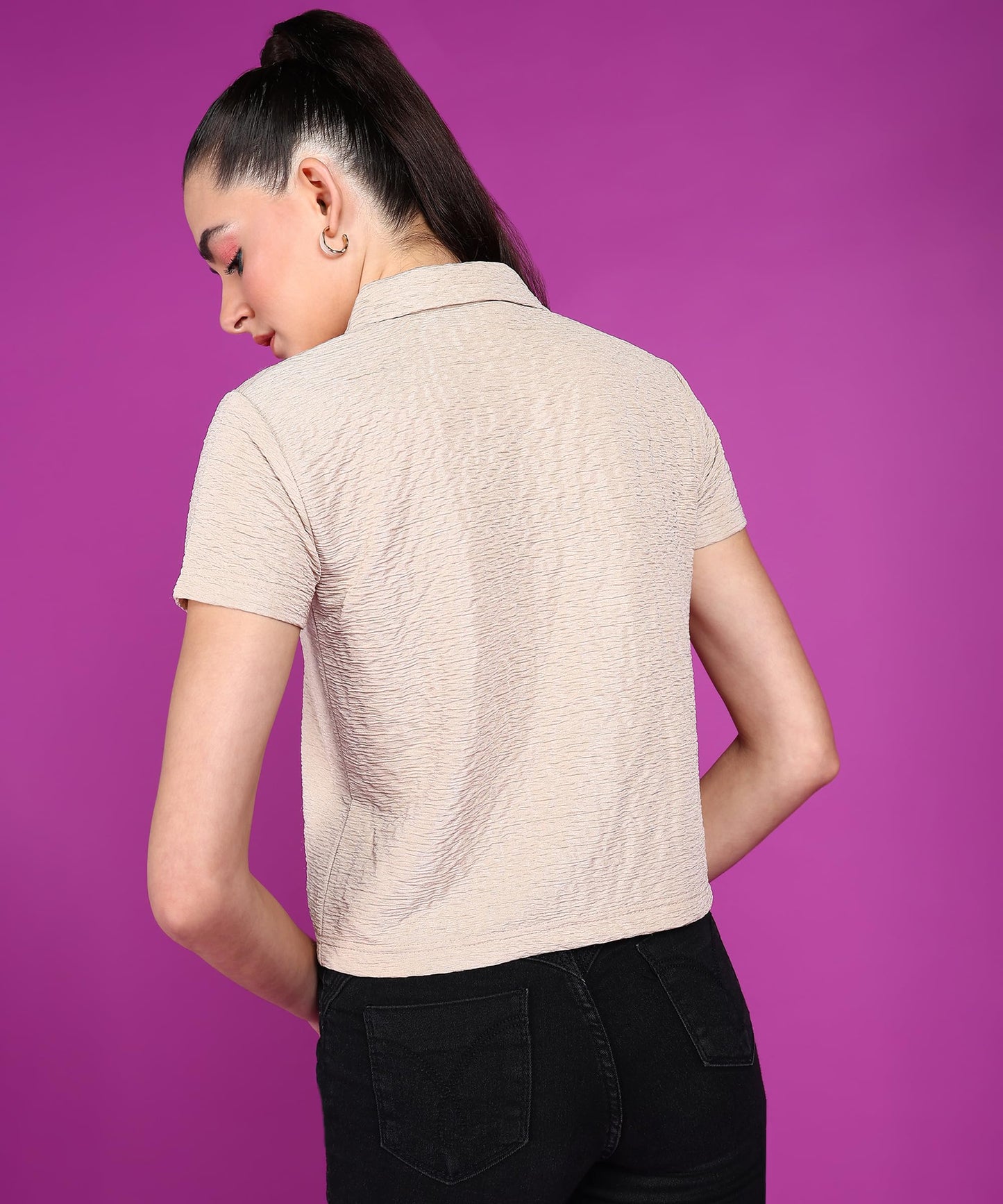 POPWINGS Women Casual Beige Rimjhim Solid Shirt
