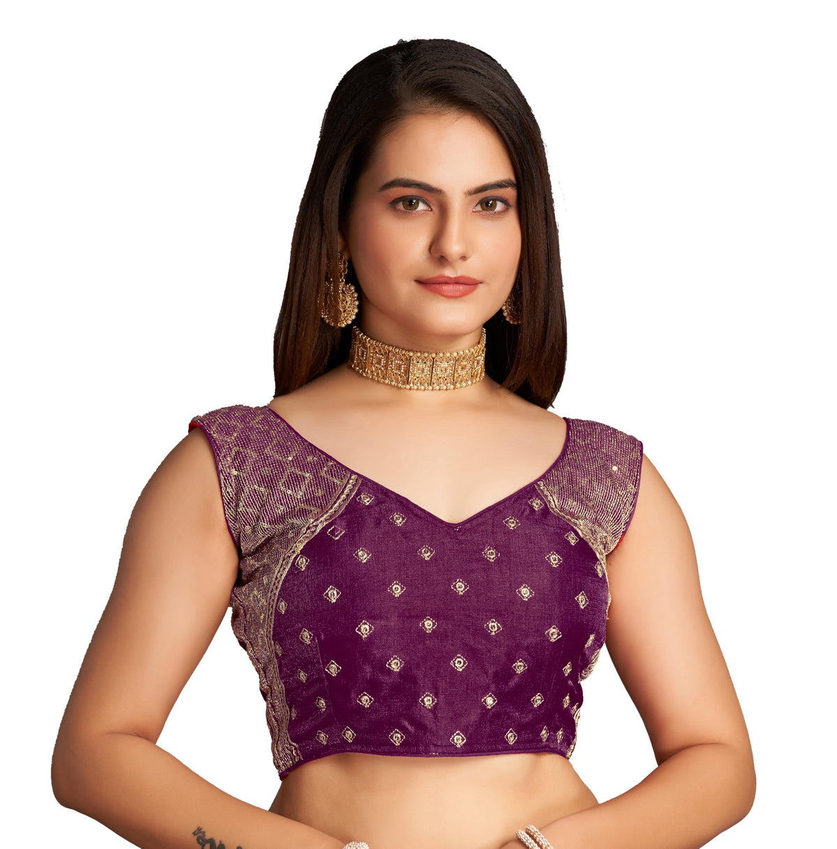 Pujia Mills WomenS Sequin Embroidered V Neck Sleeveless Wine Readymade Saree Blouse Indian Ethnic Stitched Padded Blouses For W
