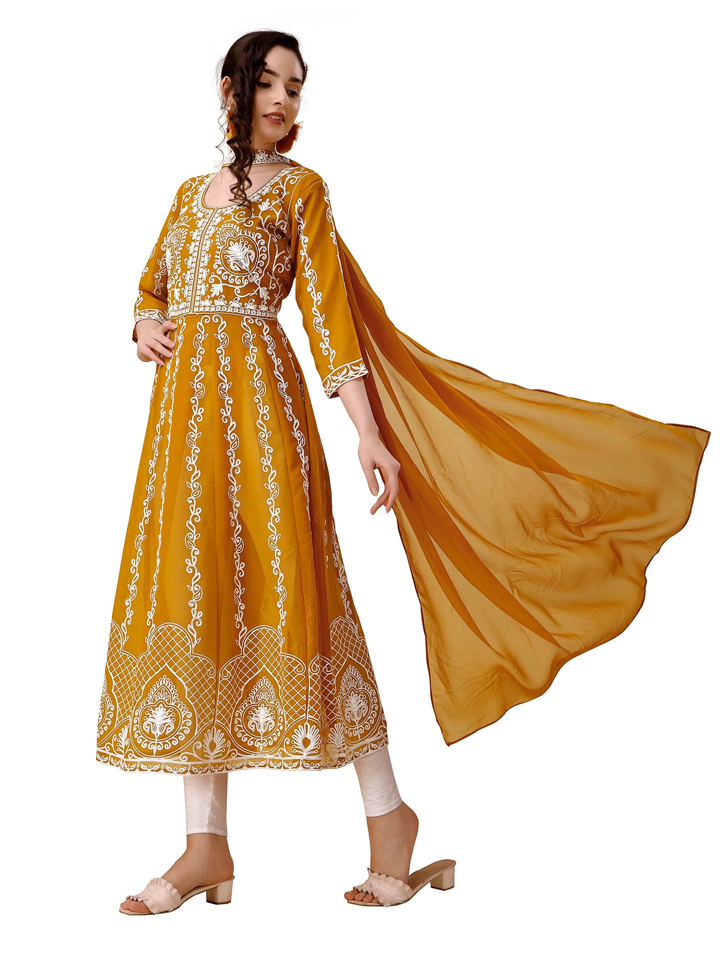 EthnicJunction Women s Georgette Chikankari Embroidery Anarkali Kurta Dupatta Set (KD1-Nazma-Mustard_M_Honey Yellow)