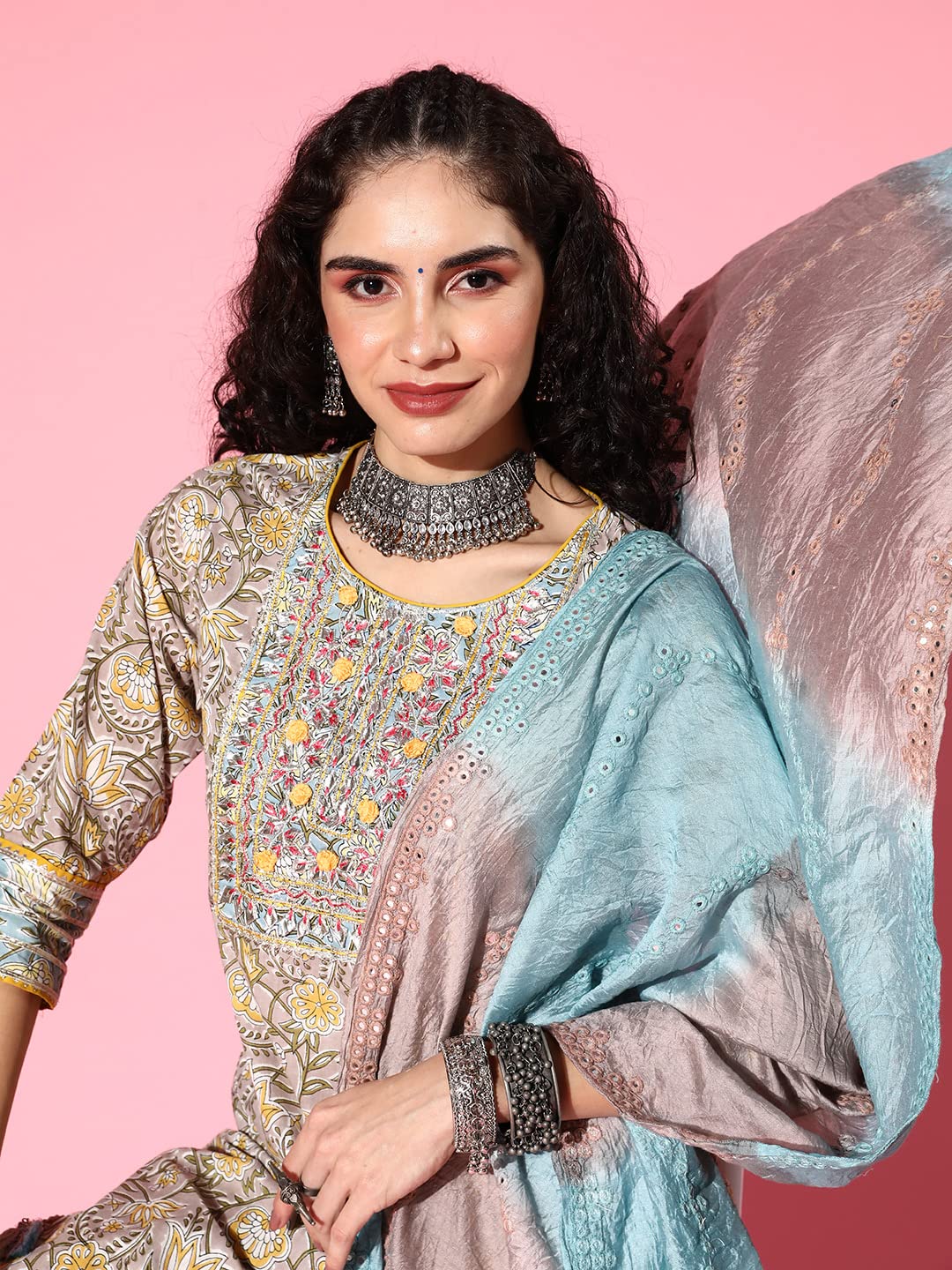 ishin Women's Cotton Multicolor Embroidered A-Line Kurta set with Sharara & Dupatta