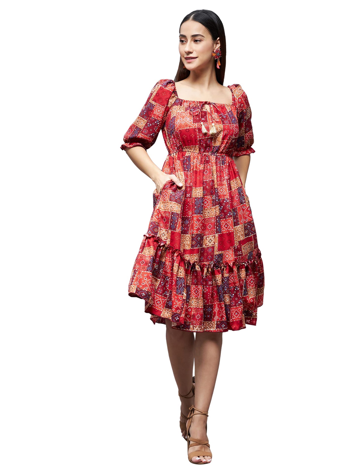 Miss Chase WomenS Multicolored Square Neck 3/4 Sleeve Viscose Rayon Ruffled Knee-Long Dress (Mcss22D16-13-224-03, Multicolored,