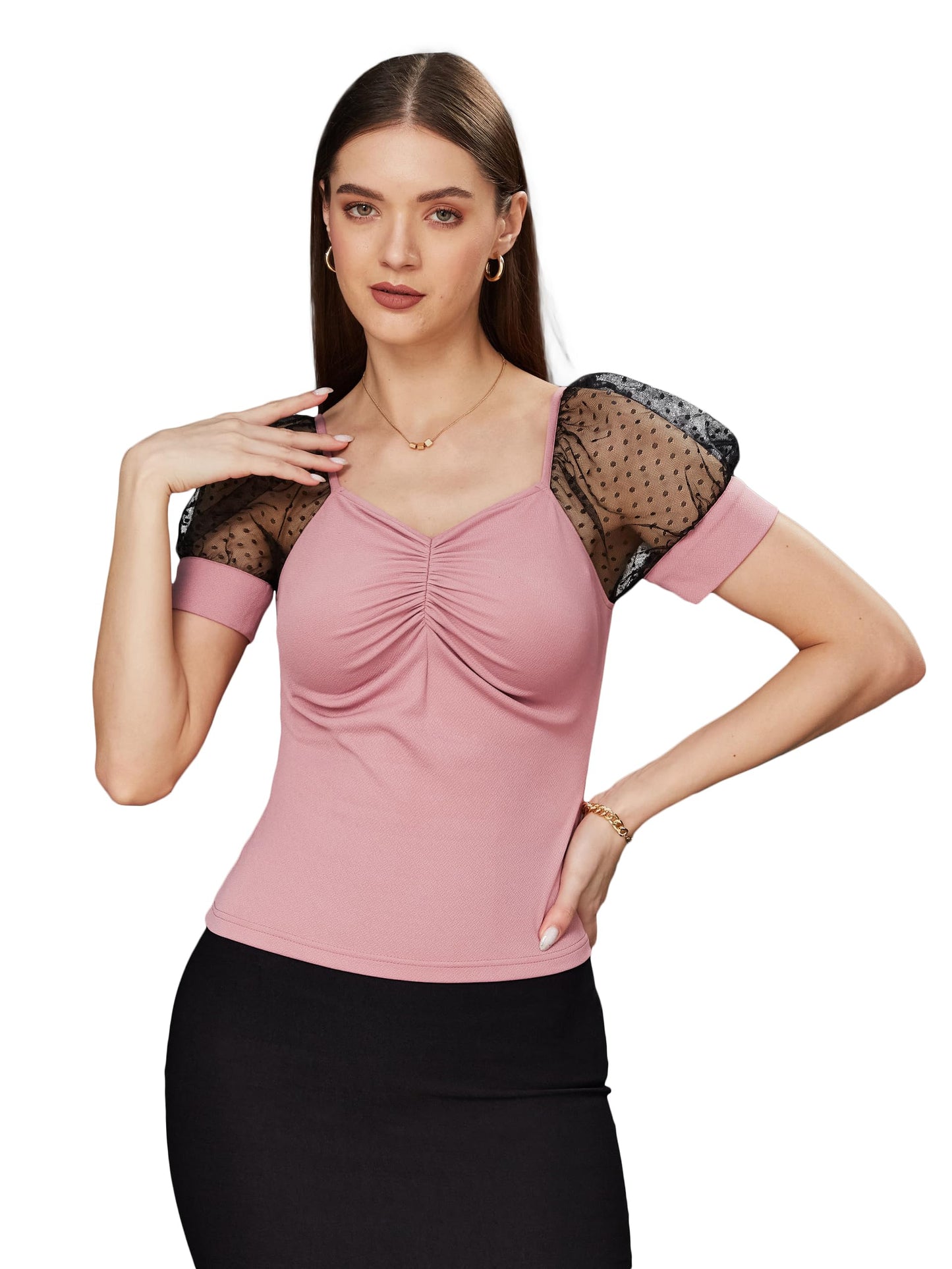 Miss Chase WomenS Solid V-Neck Short Sleeve Relaxed Fit Regular Top (Mcss23Tp99-48-267-07, Dusty Pink & Black, Xxl)
