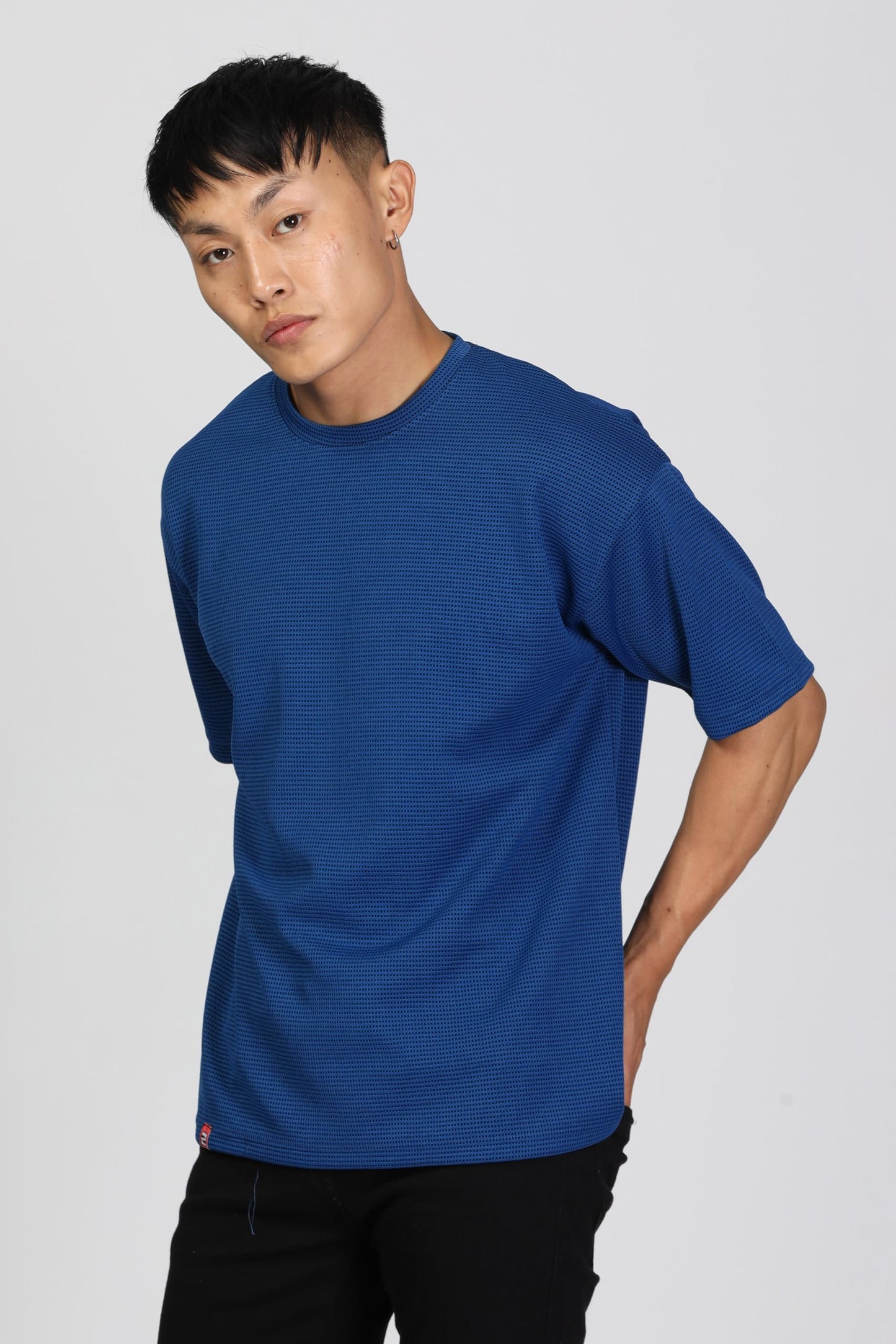 SHODOX Mens Solid Dotted Unique Design Oversized Tshirt for Men - Round Neck Loose Fit Drop Shoulder Mens T-Shirt Blue