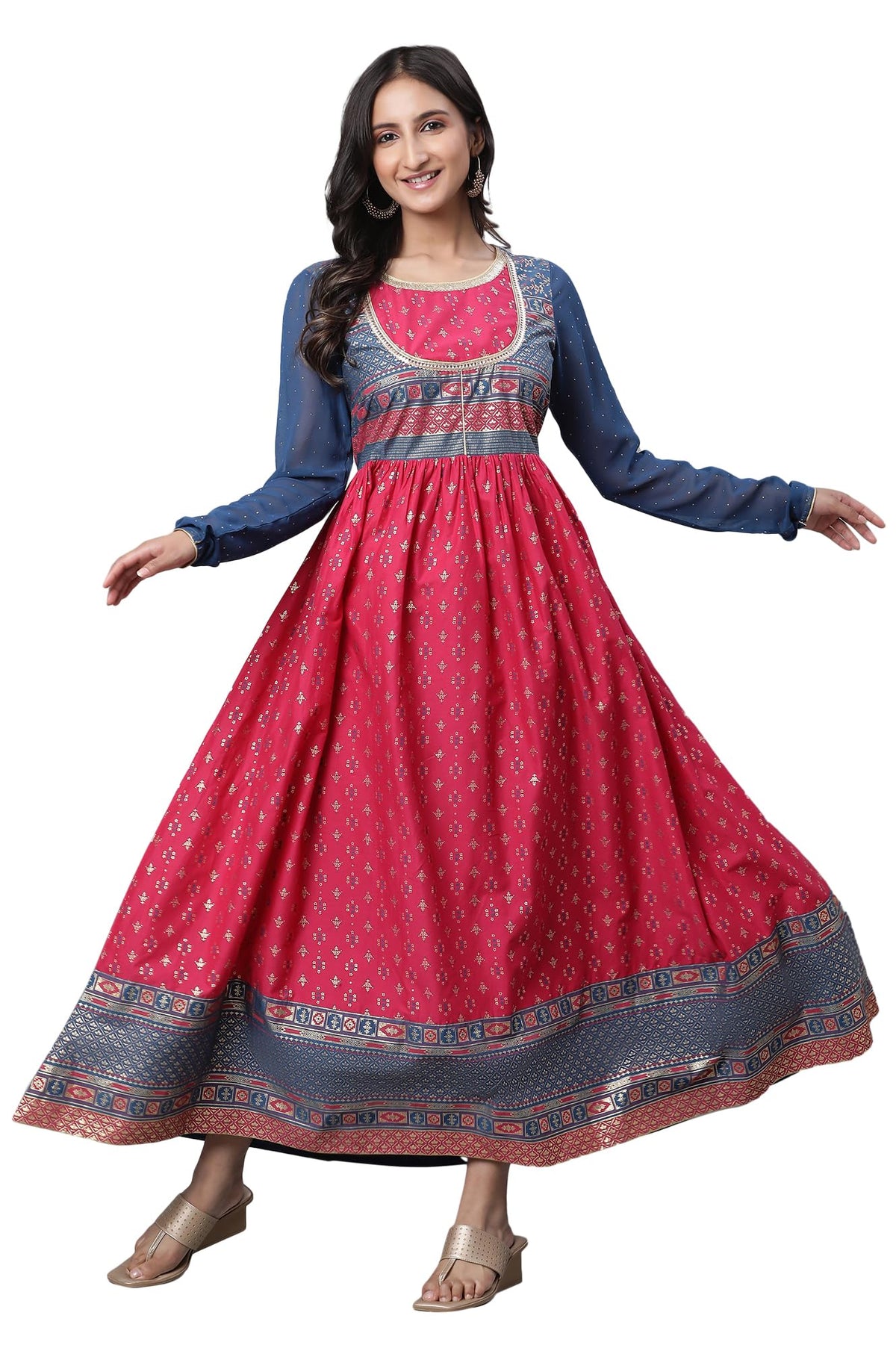 Aurelia Pink Ethnic Motif Cotton Anarkali Kurta with Lace