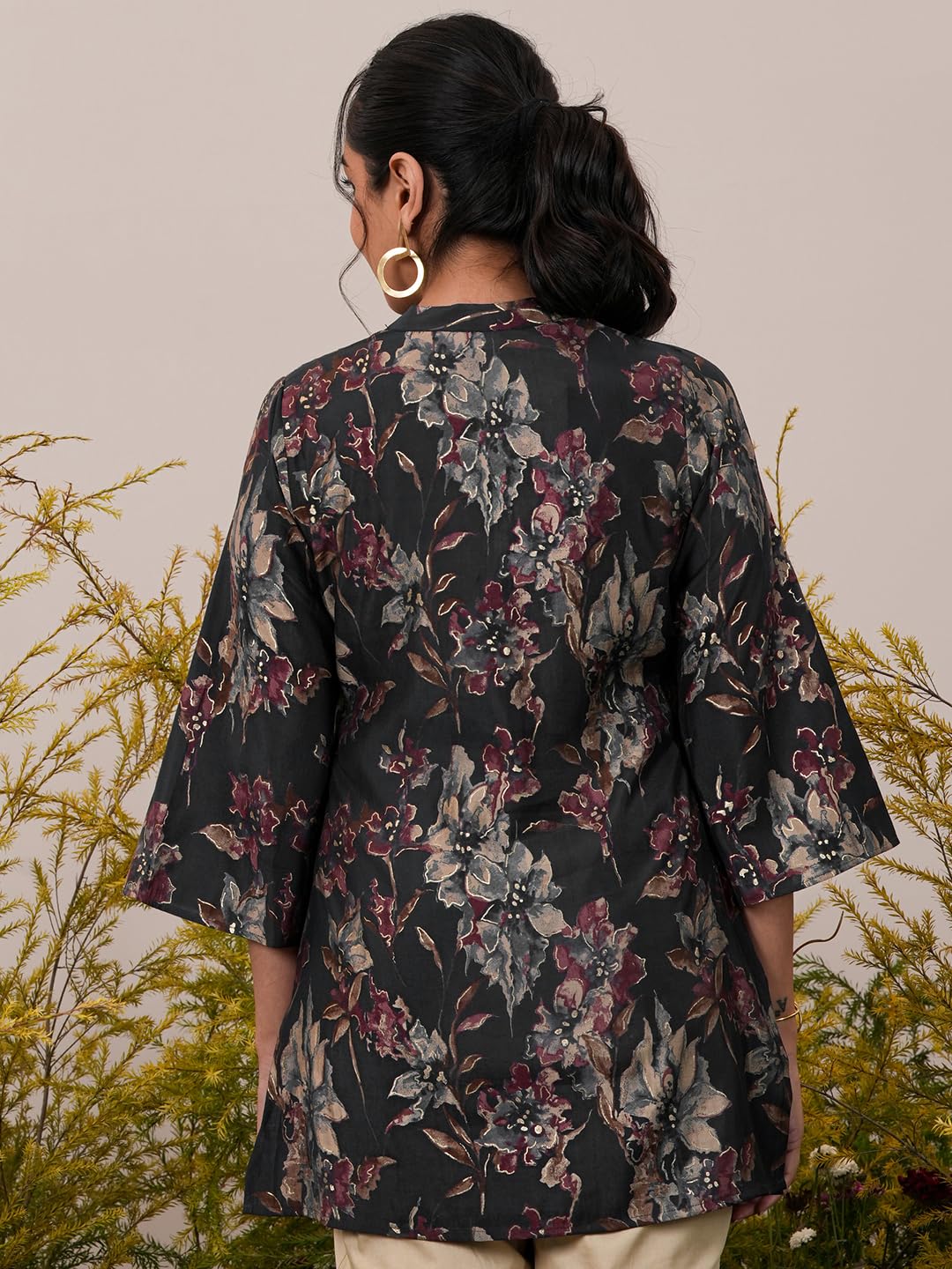 Libas Black Printed Aline Silk Blend Kurti
