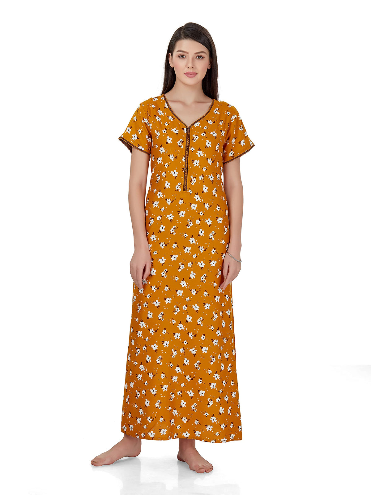 Evolove WomenS Viscose Liva Long Maxi Night Gown Nighty Dress With Pocket & Zipper, Super Soft Comfortable (Mustard & White Flo