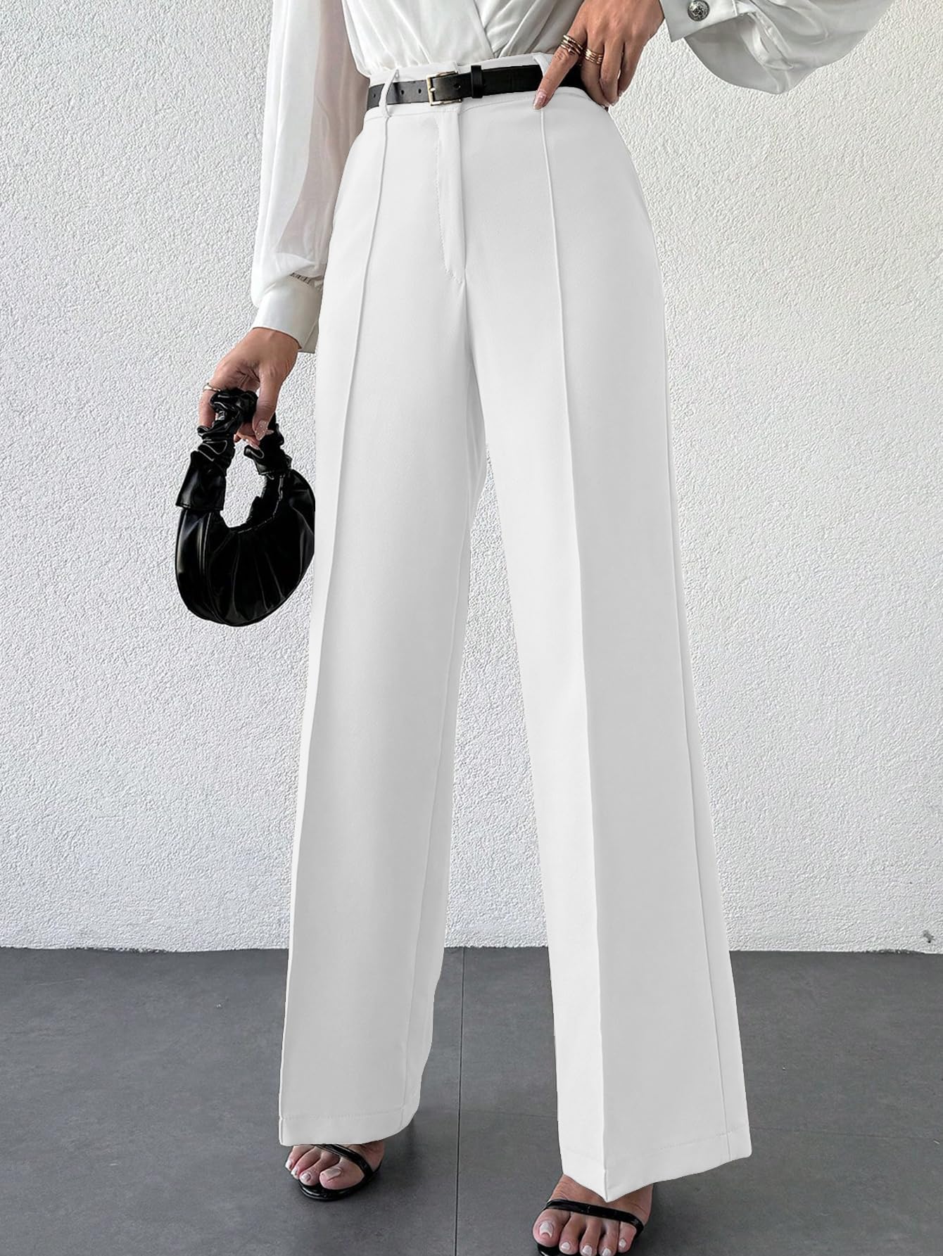 Shasmi Womens Solid White Color High Waist, Wide Straight-Leg Loose Fit, Front Button Closure, Simple Daily Casual Long Pants w