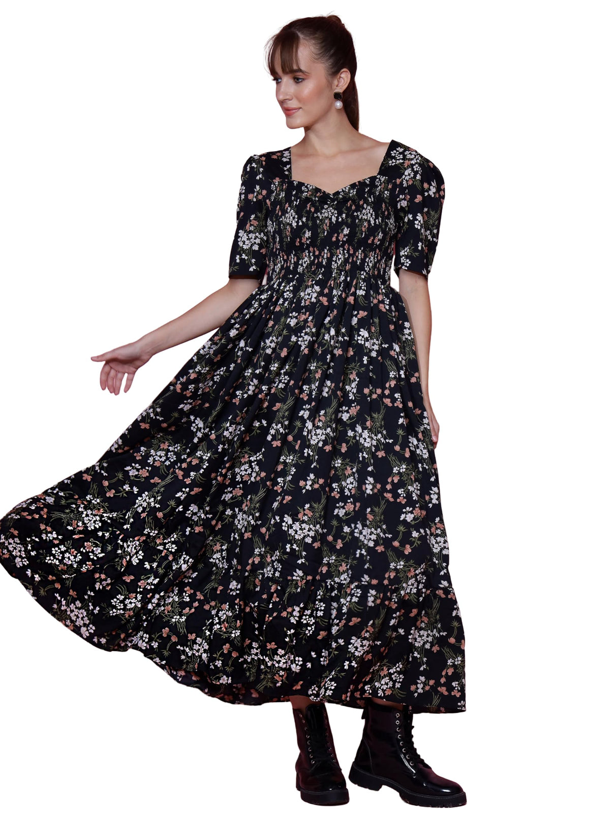 Sheetal Associates WomenS Casual Puff Sleeves Crepe Floral Print Fit And Flare Dress Black