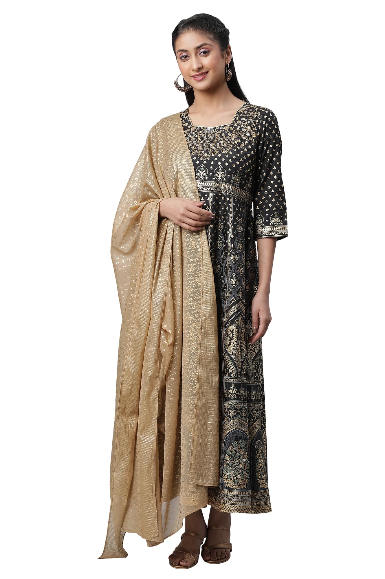 Aurelia Black Embellished Dress, Tights & Dupatta Set (Size: L)-23Feas14256-505248